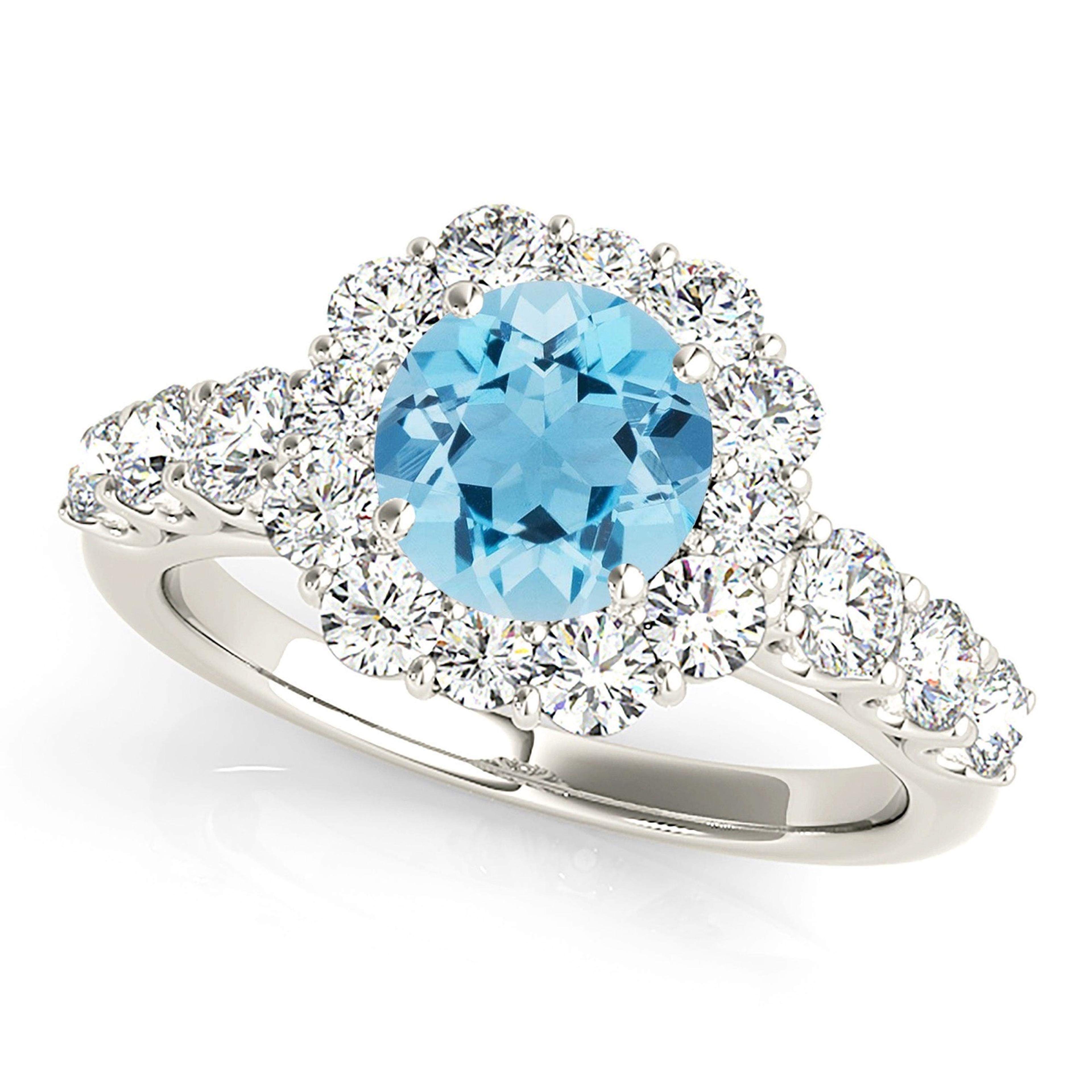 1.10 ct. Genuine Aquamarine Ring With 1.10 ctw. Diamond Floral Halo And Fancy Diamond Band | Round Blue Aquamarine Halo Ring-VIRABYANI