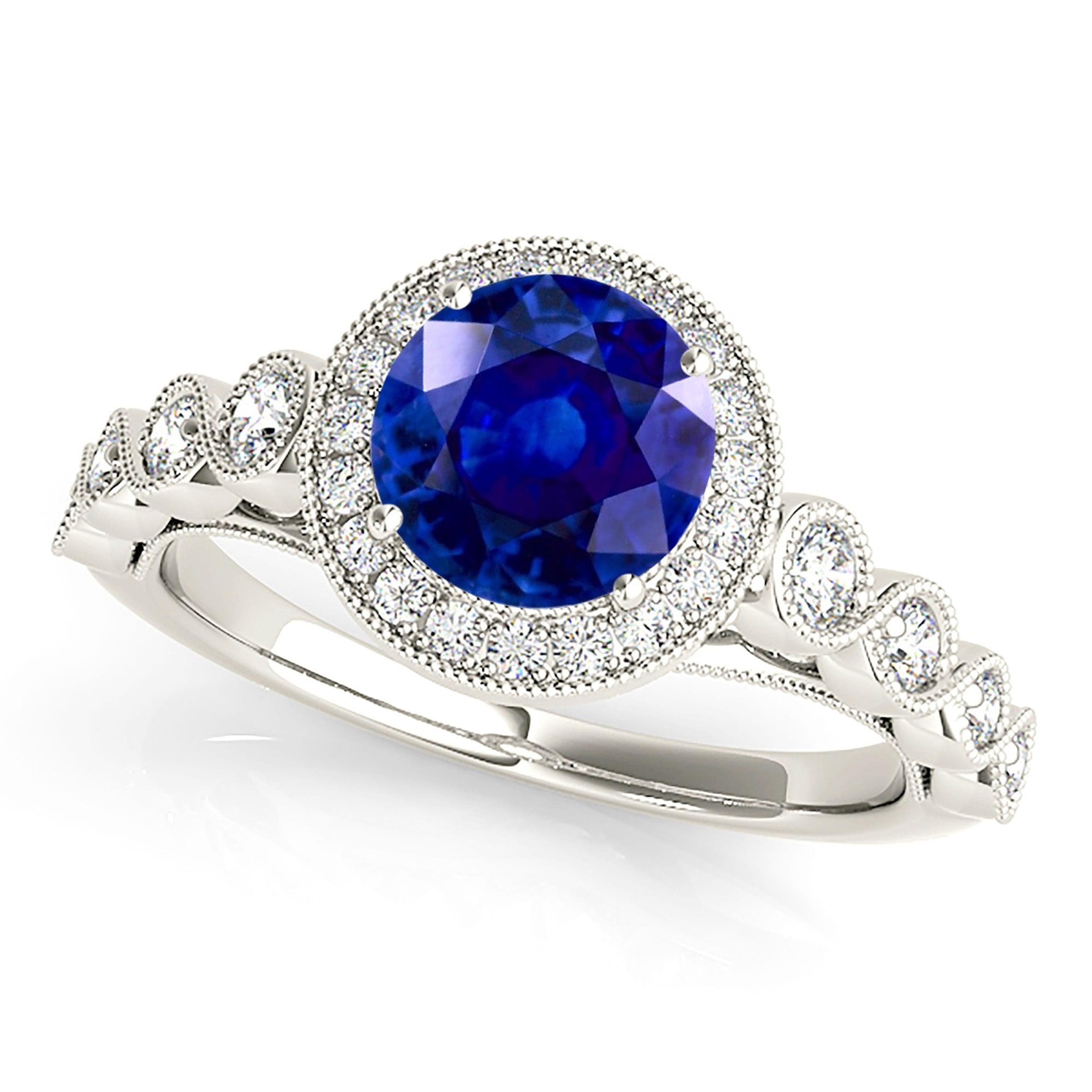 1.35 ct. Genuine Blue Sapphire Ring Milgrain Halo Style