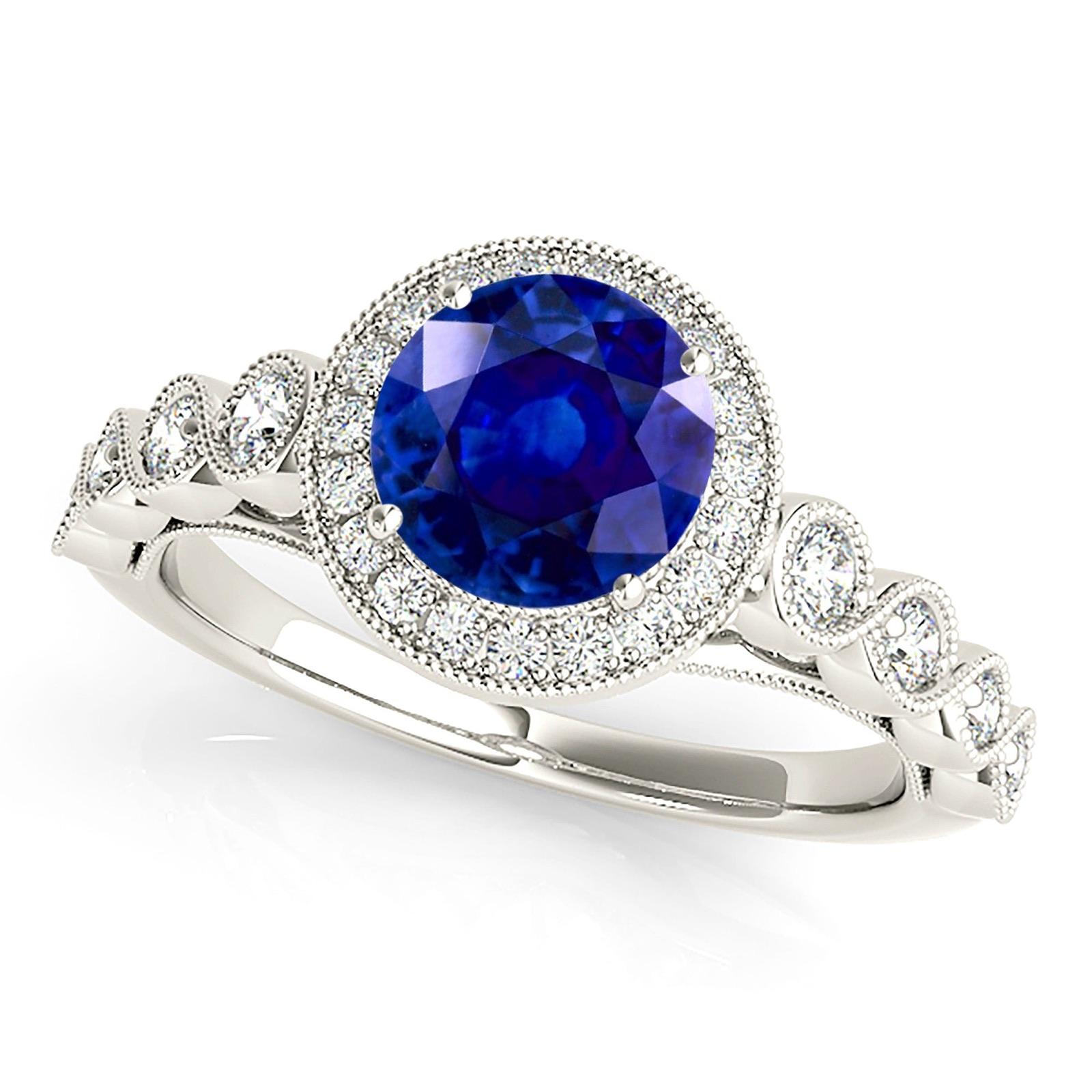 1.35 ct. Genuine Blue Sapphire Ring Milgrain Halo Style