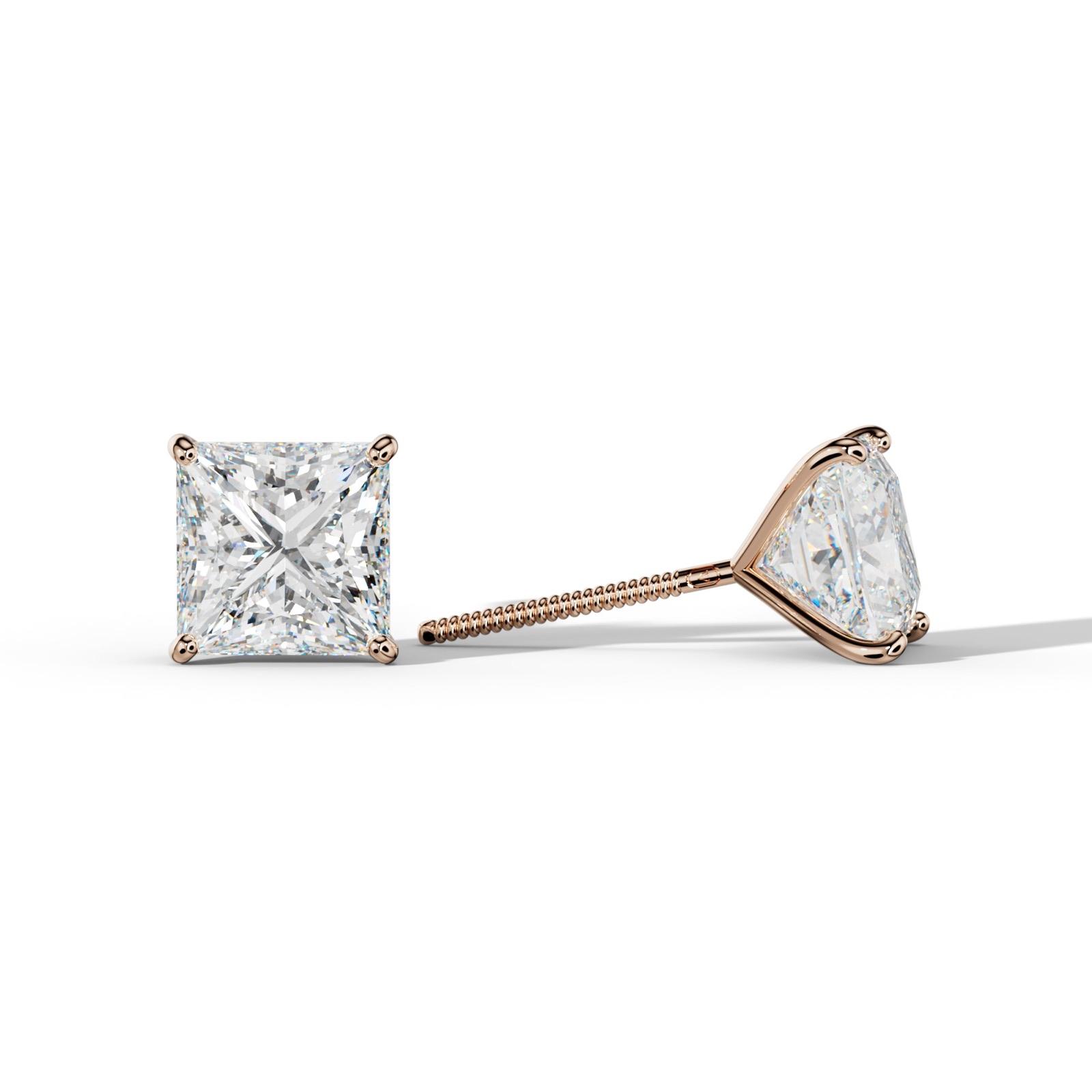 Princess Cut Diamond Stud Earrings With Four Classic Prong Martini Settings