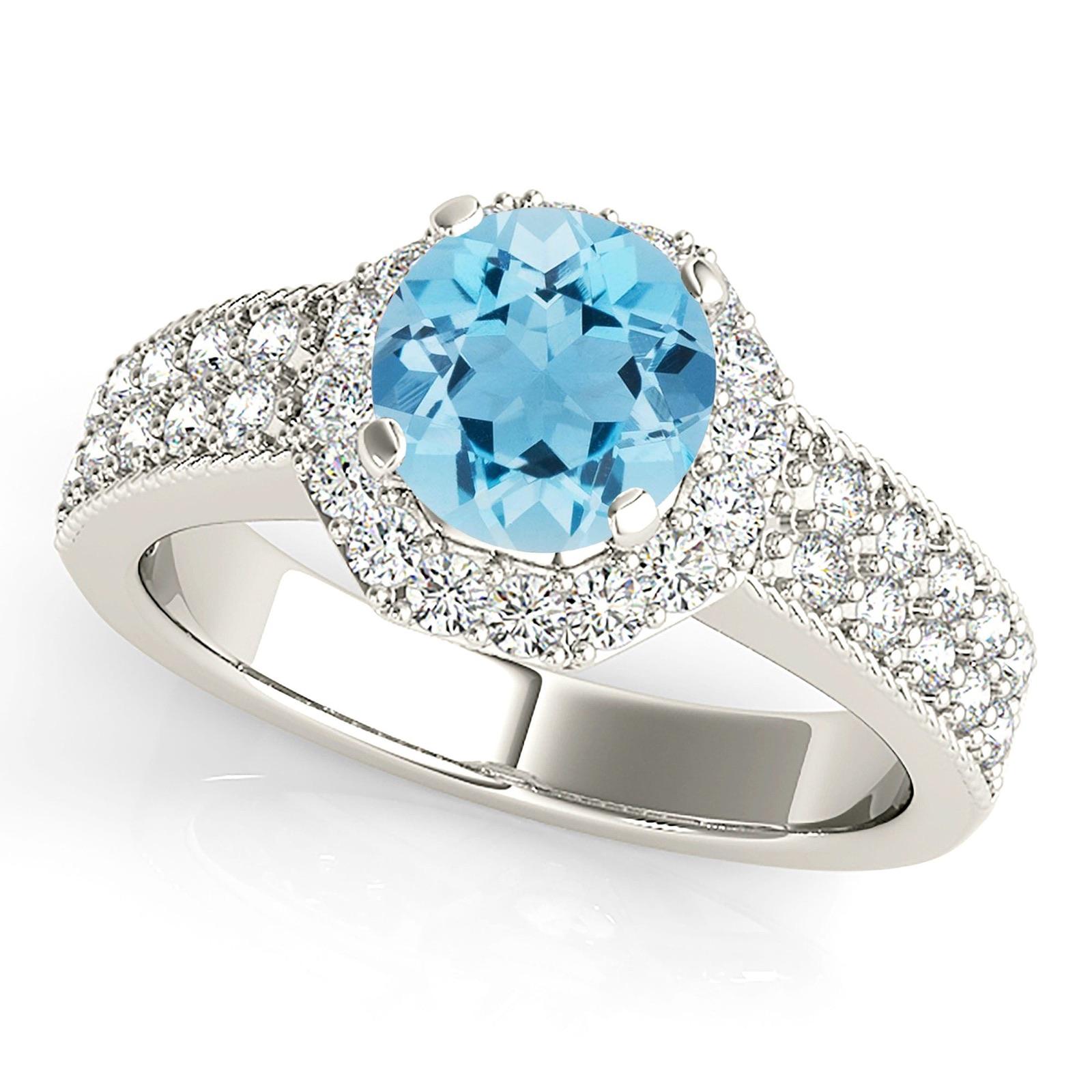 1.10 ct. Genuine Aquamarine Ring With 0.35 ctw. Diamond Halo and Double Row Diamond Band, Milgrain Design | Round Blue Aquamarine Halo Ring-VIRABYANI