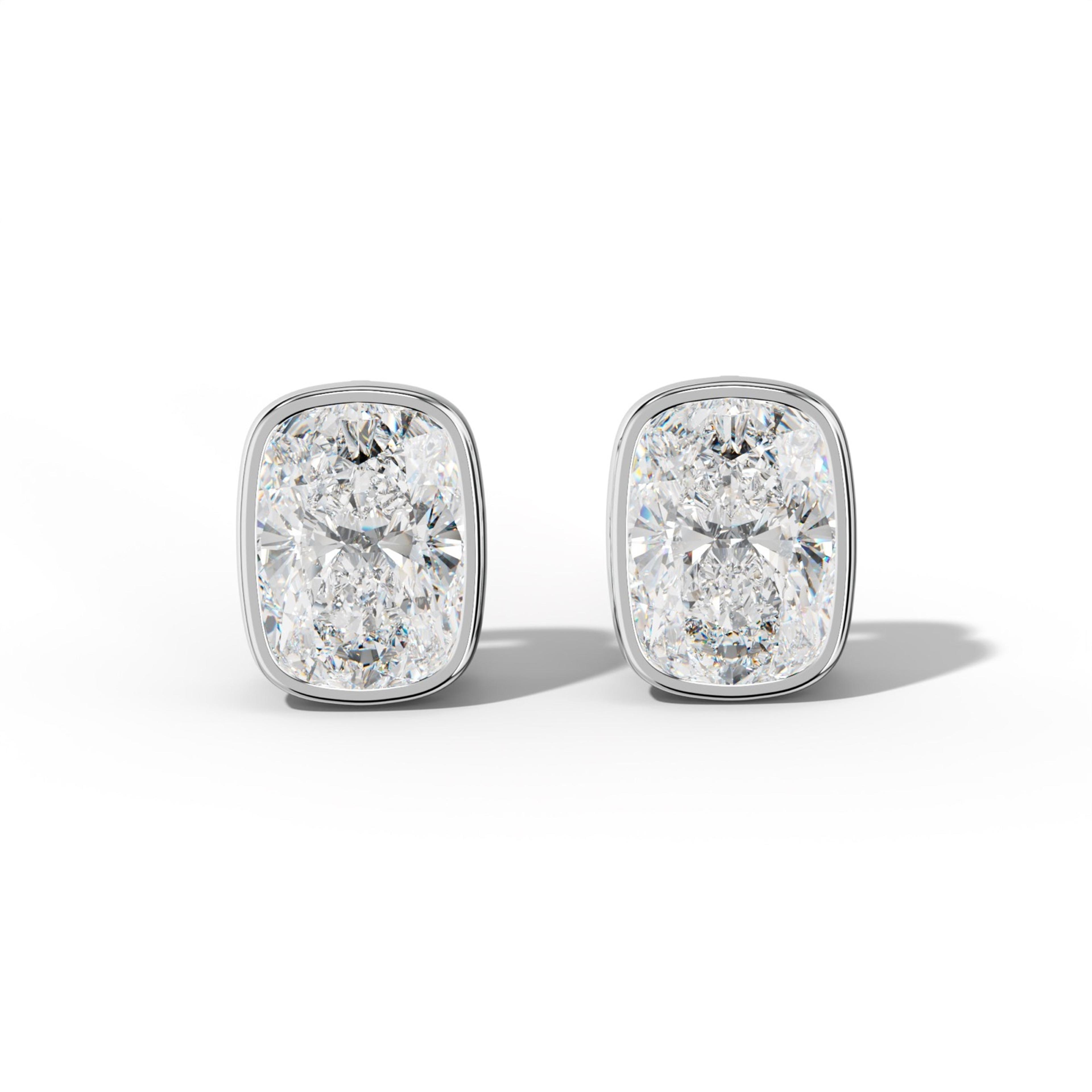 Elongated Cushion Diamond Stud Earrings With  Bezel Setting