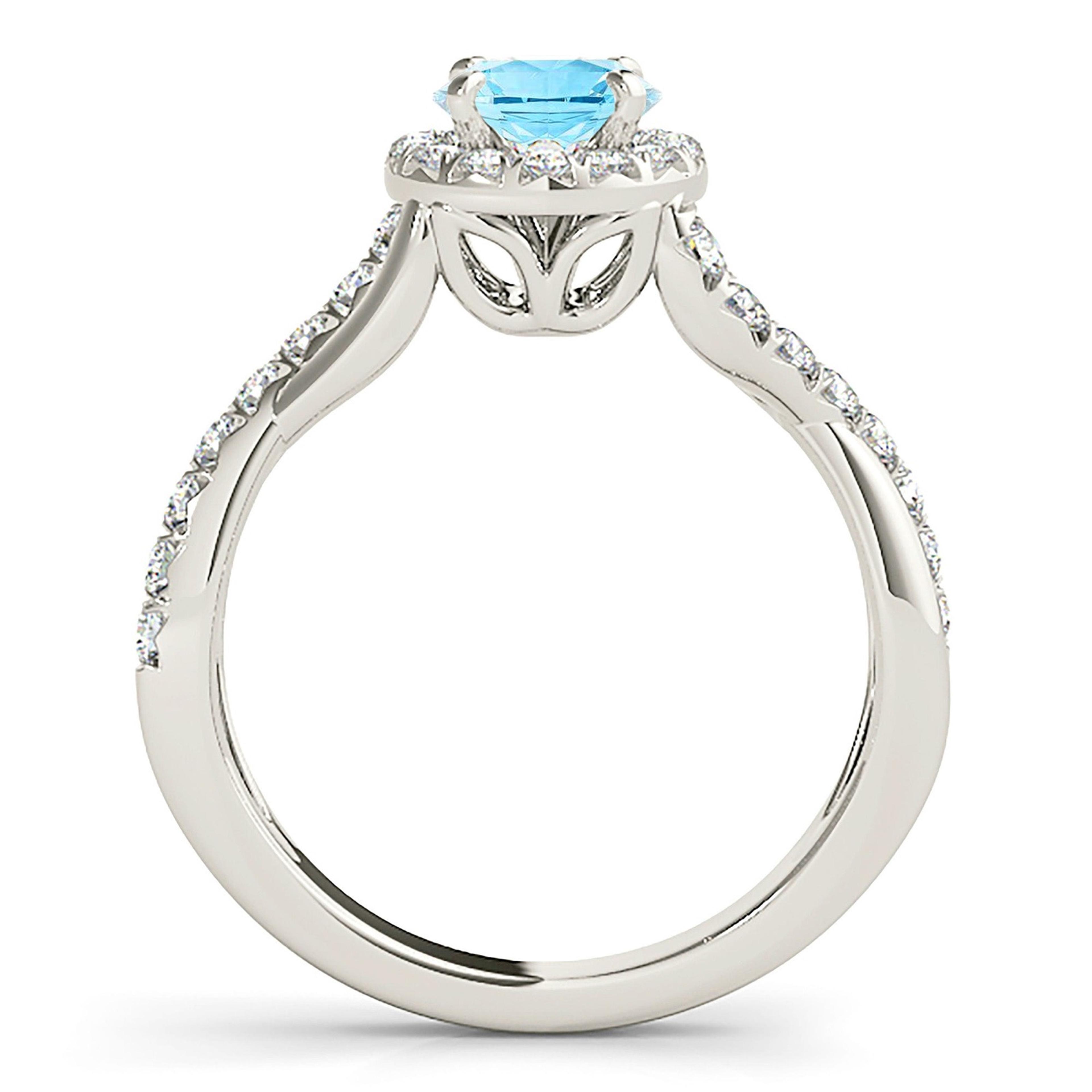 1.00 ct. Genuine Aquamarine Ring With 0.35 ctw. Diamond Halo, Solid Gold And Diamond Twist Band | Round Blue Aquamarine Halo Ring-VIRABYANI