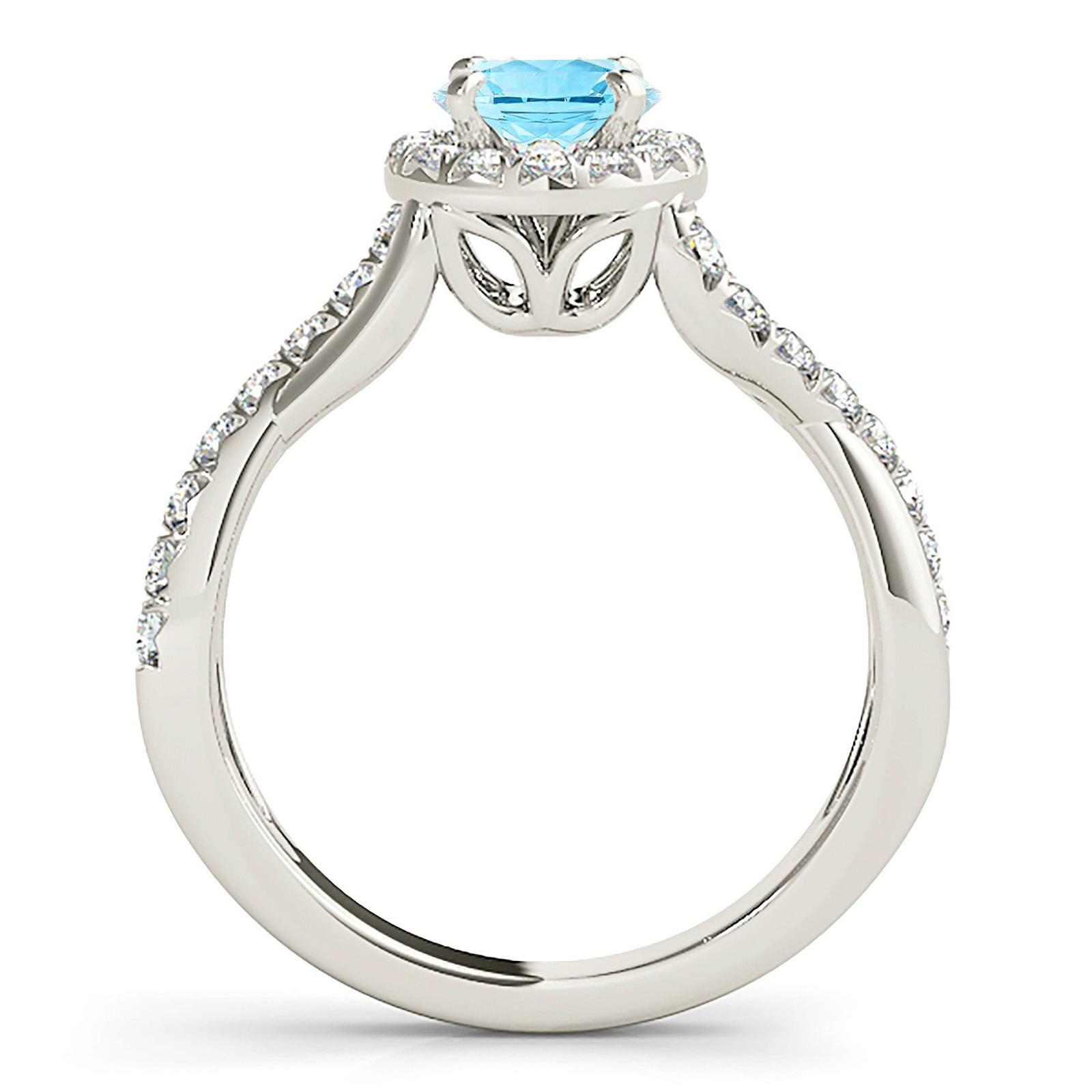 1.00 ct. Genuine Aquamarine Ring With 0.35 ctw. Diamond Halo, Solid Gold And Diamond Twist Band | Round Blue Aquamarine Halo Ring-VIRABYANI