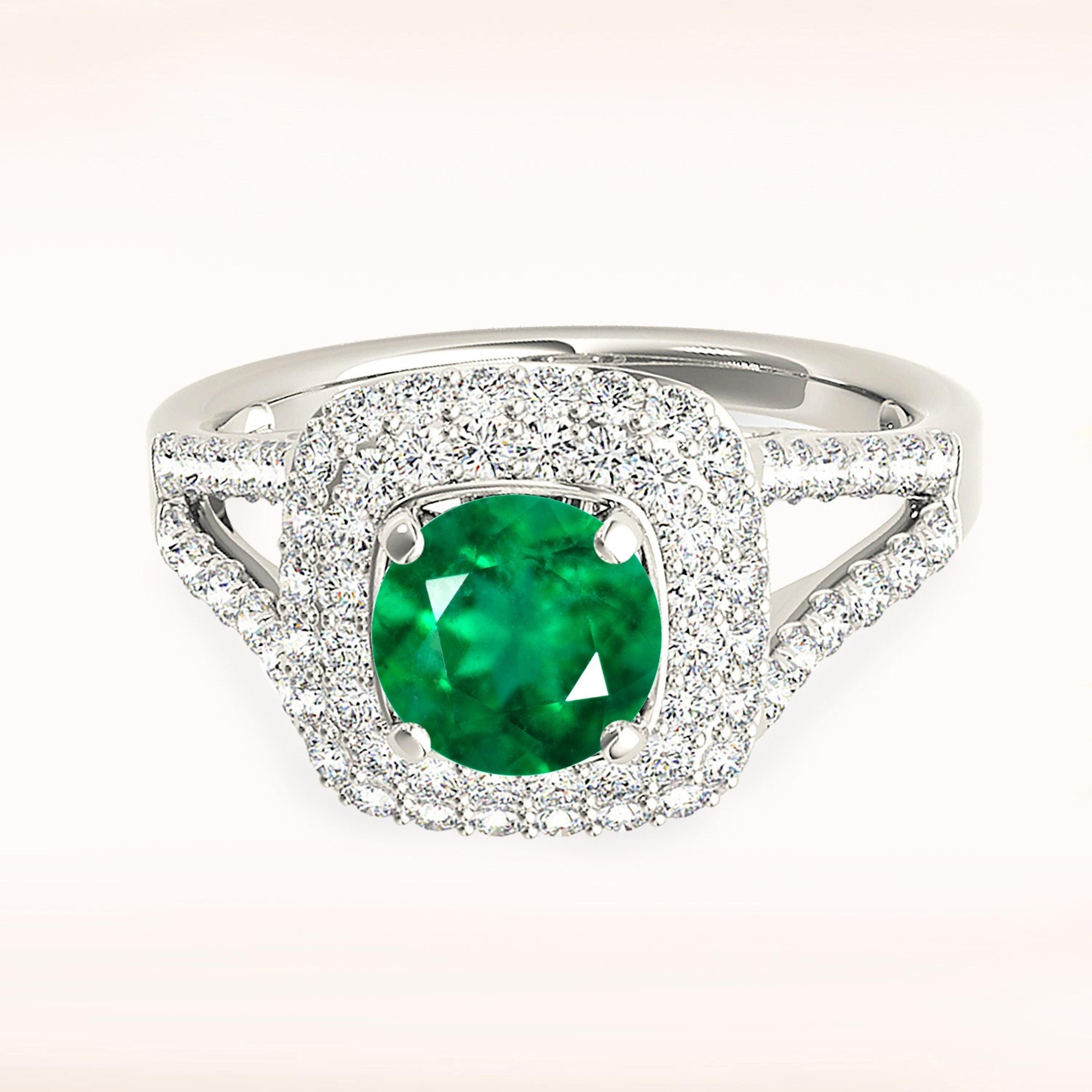 1.14 ct. Genuine Emerald Ring With 0.70 ctw. Double Row Diamond Halo,Wide Split Diamond Band-VIRABYANI