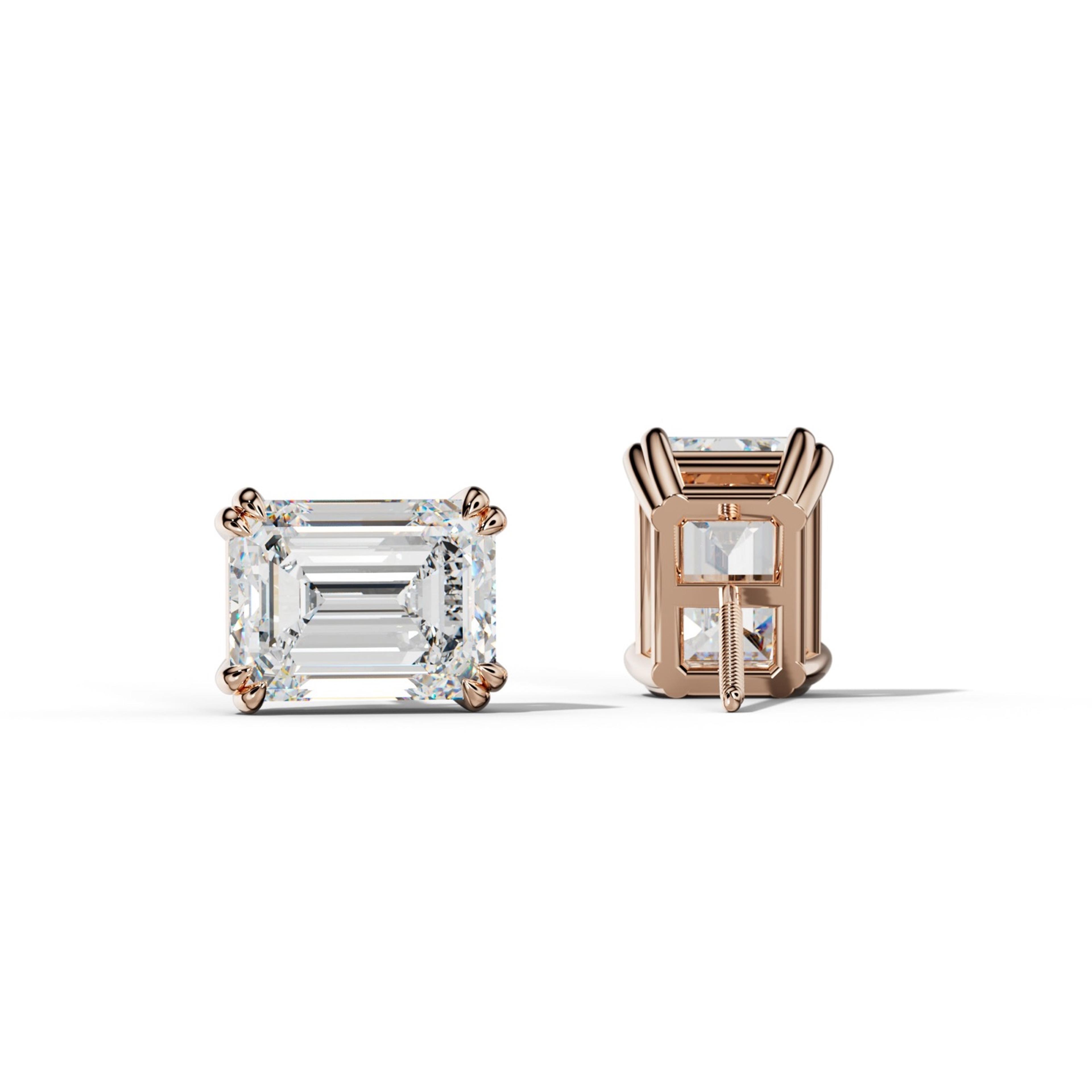 Emerald Cut Diamond Stud Earrings With Claw Double Prongs