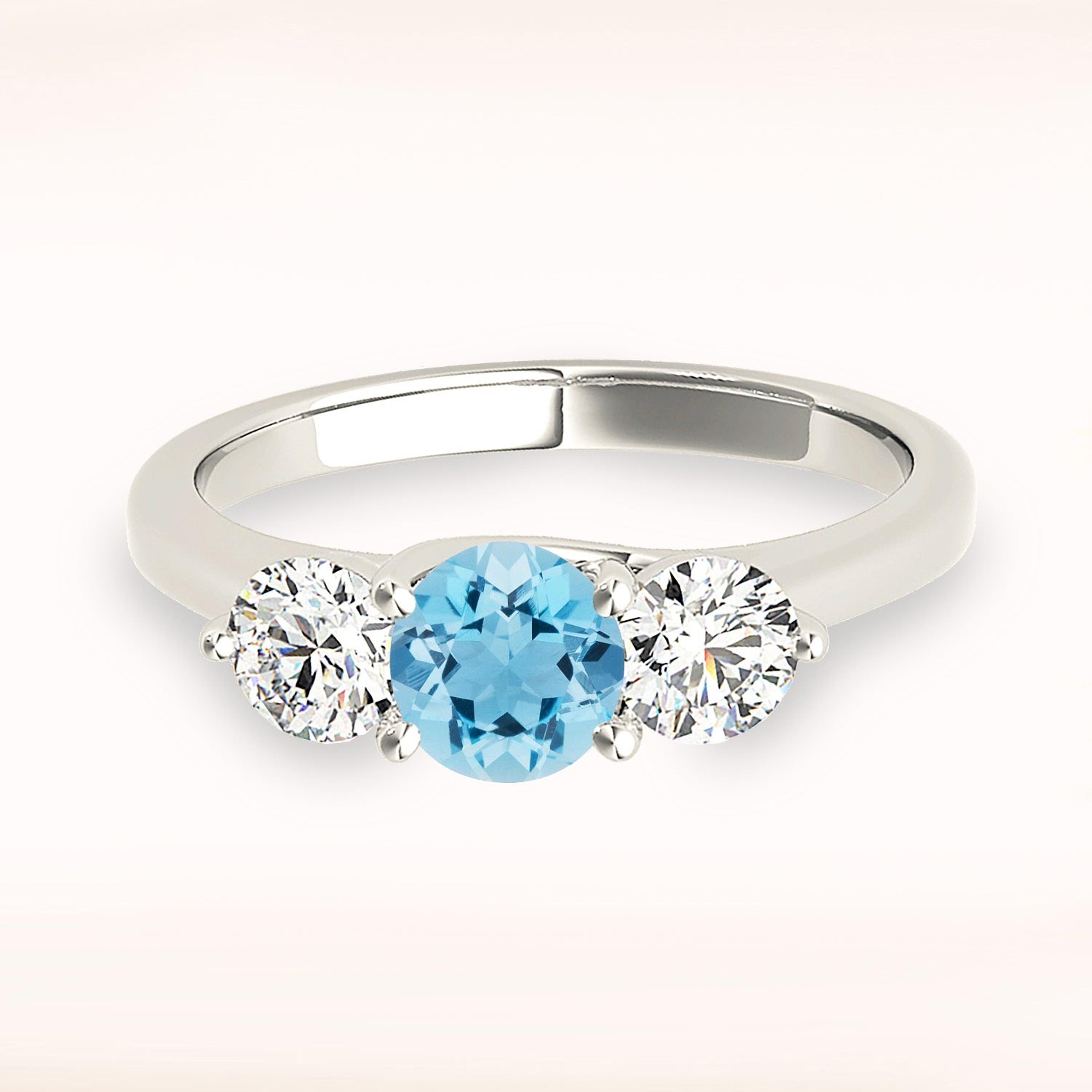 1.10 ct. Genuine Aquamarine Three Stone Ring with 1.00 ctw. Side Diamonds-VIRABYANI