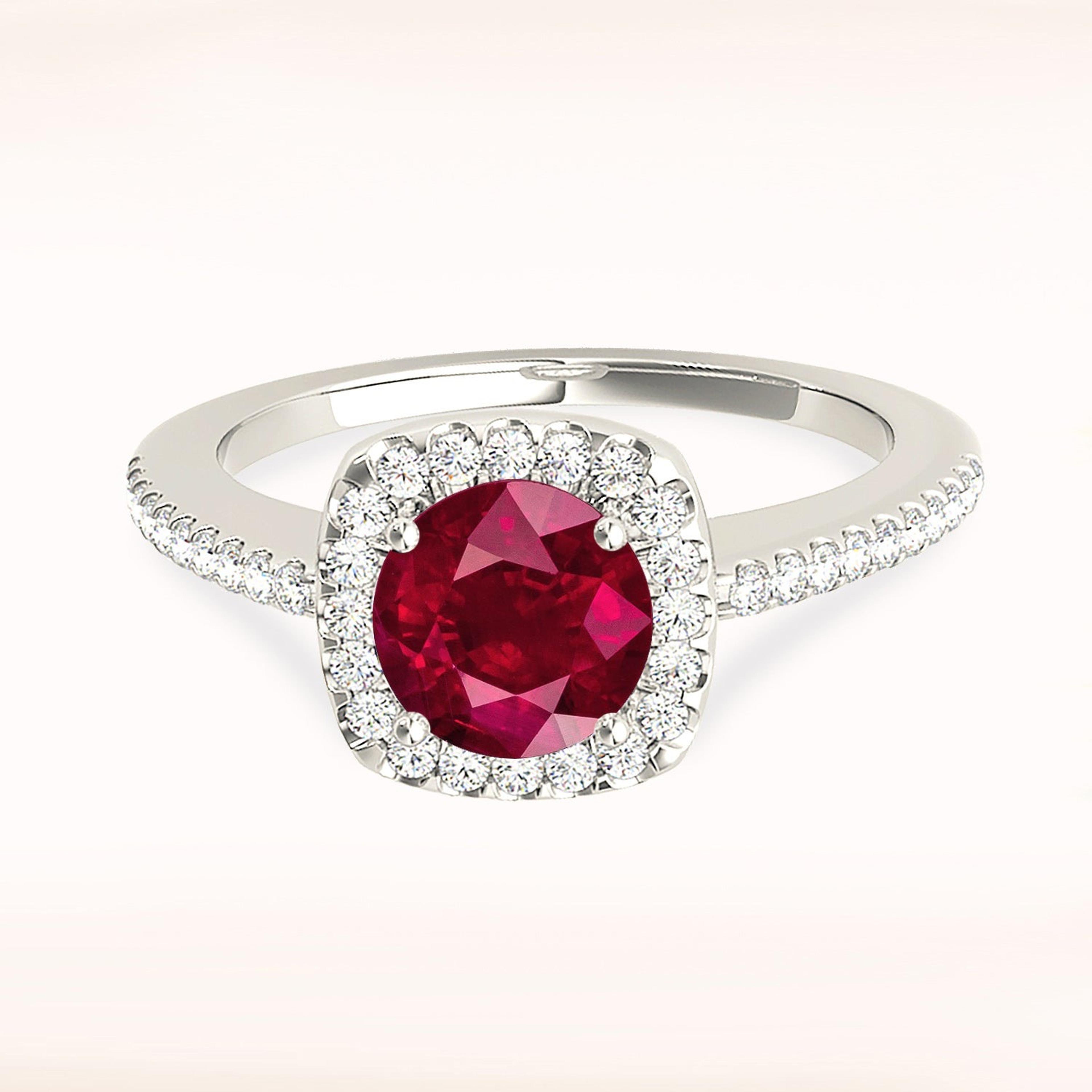 1.45 ct. Genuine Ruby Ring With 0.25 ctw. Diamond Cushion Halo And Delicate Diamond Band-VIRABYANI