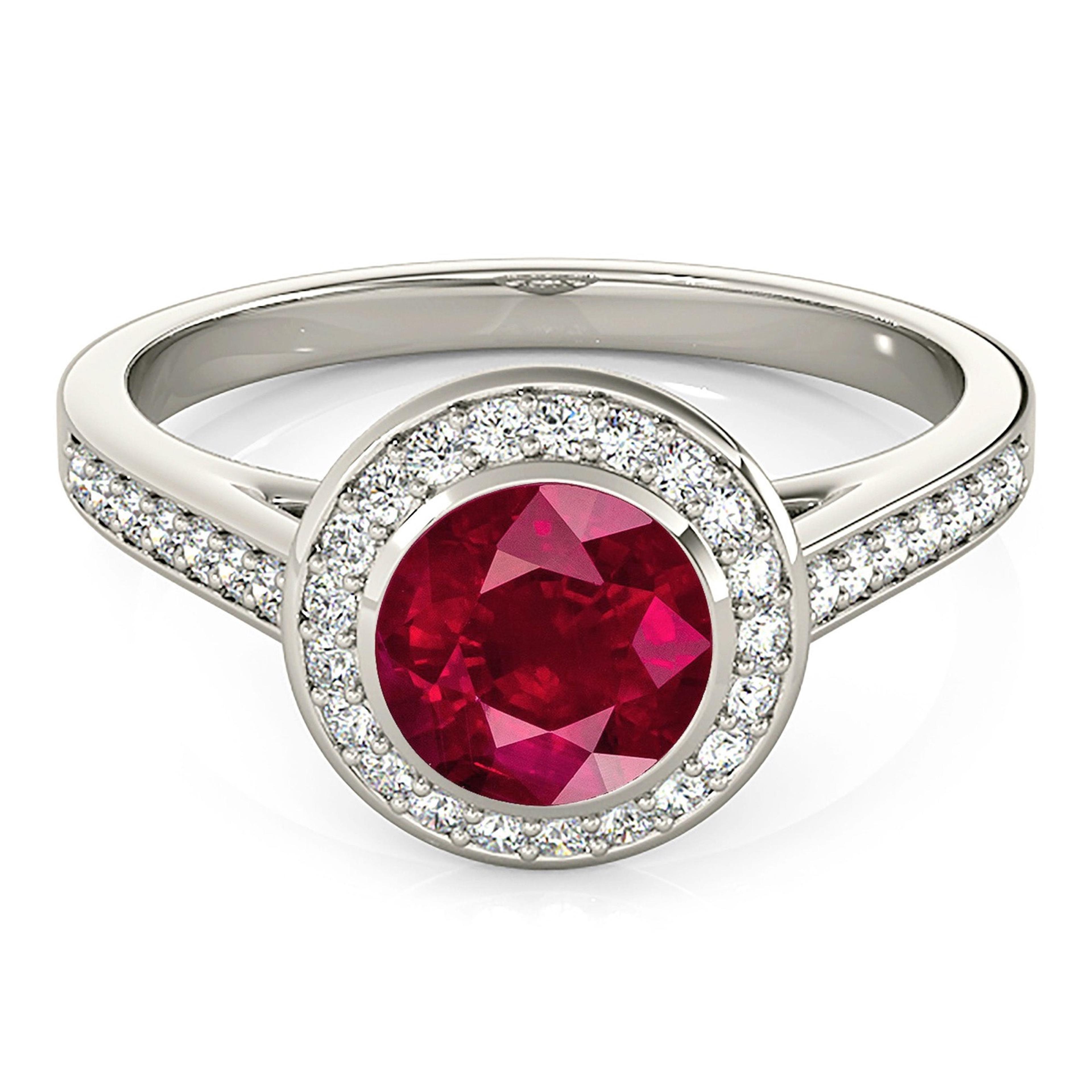 1.35 ct. Genuine Ruby Ring With Halo, Delicate Diamond Band