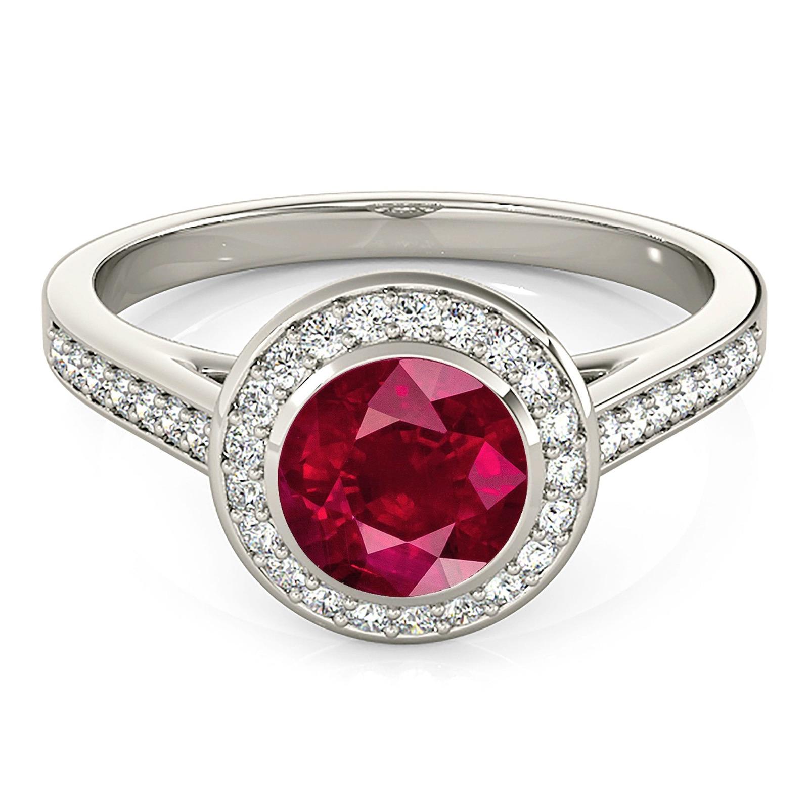 1.35 ct. Genuine Ruby Ring With Halo, Delicate Diamond Band