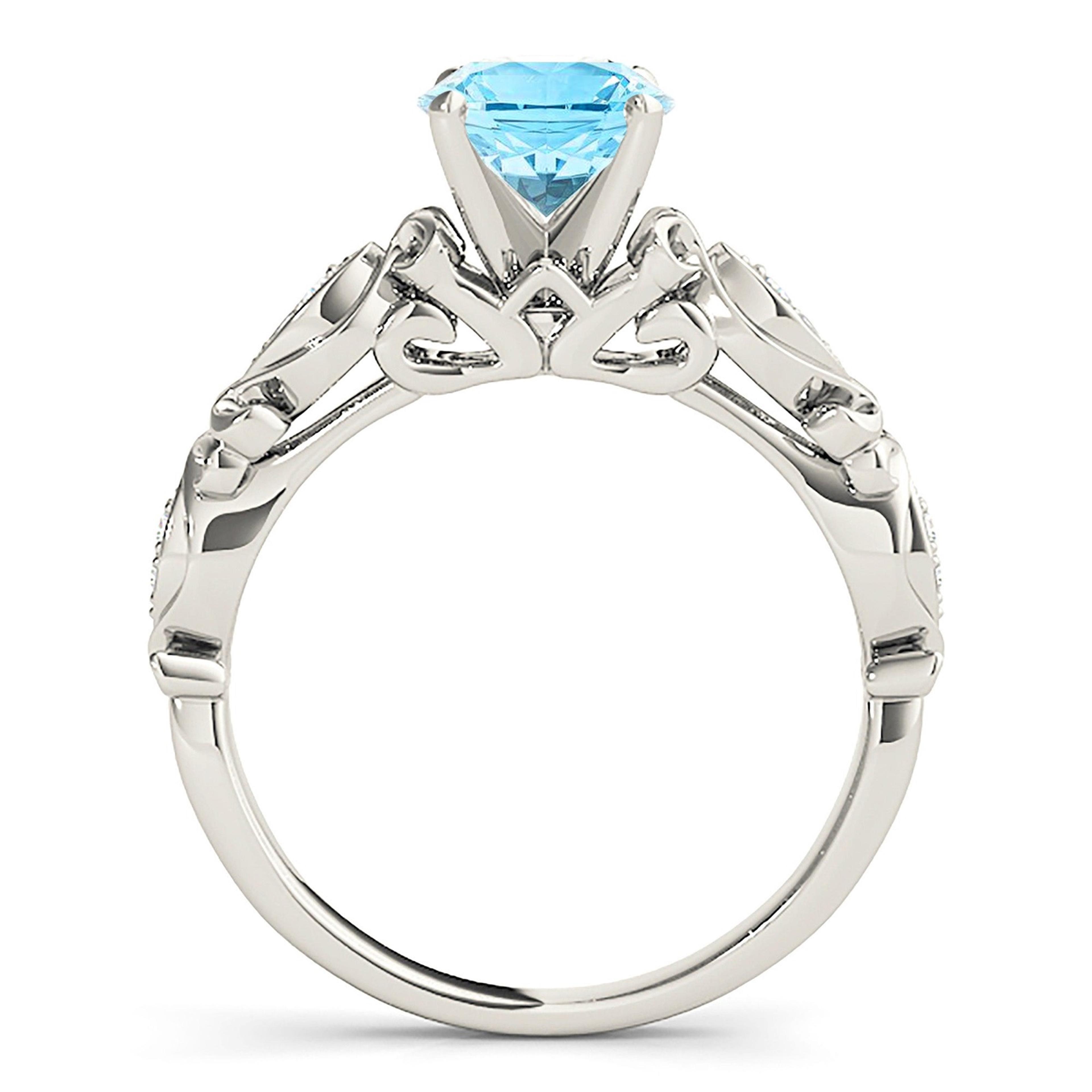 1.75 ct. Genuine Aquamarine Ring With 0.20 ctw. Diamond Fancy Hand Carved Shank, Cathedral Style Setting | Round Blue Aquamarine Halo Ring-VIRABYANI