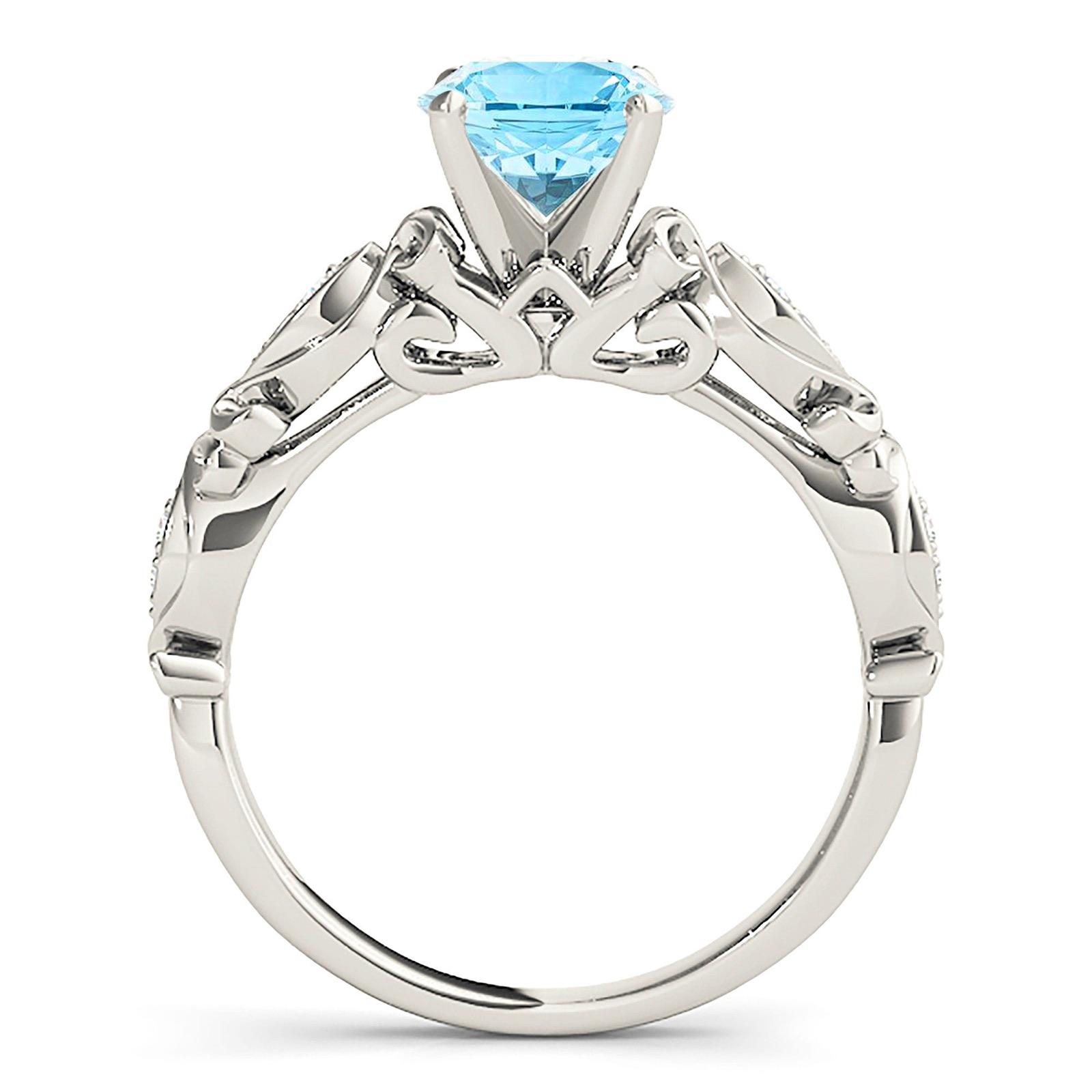 1.75 ct. Genuine Aquamarine Ring With 0.20 ctw. Diamond Fancy Hand Carved Shank, Cathedral Style Setting | Round Blue Aquamarine Halo Ring-VIRABYANI