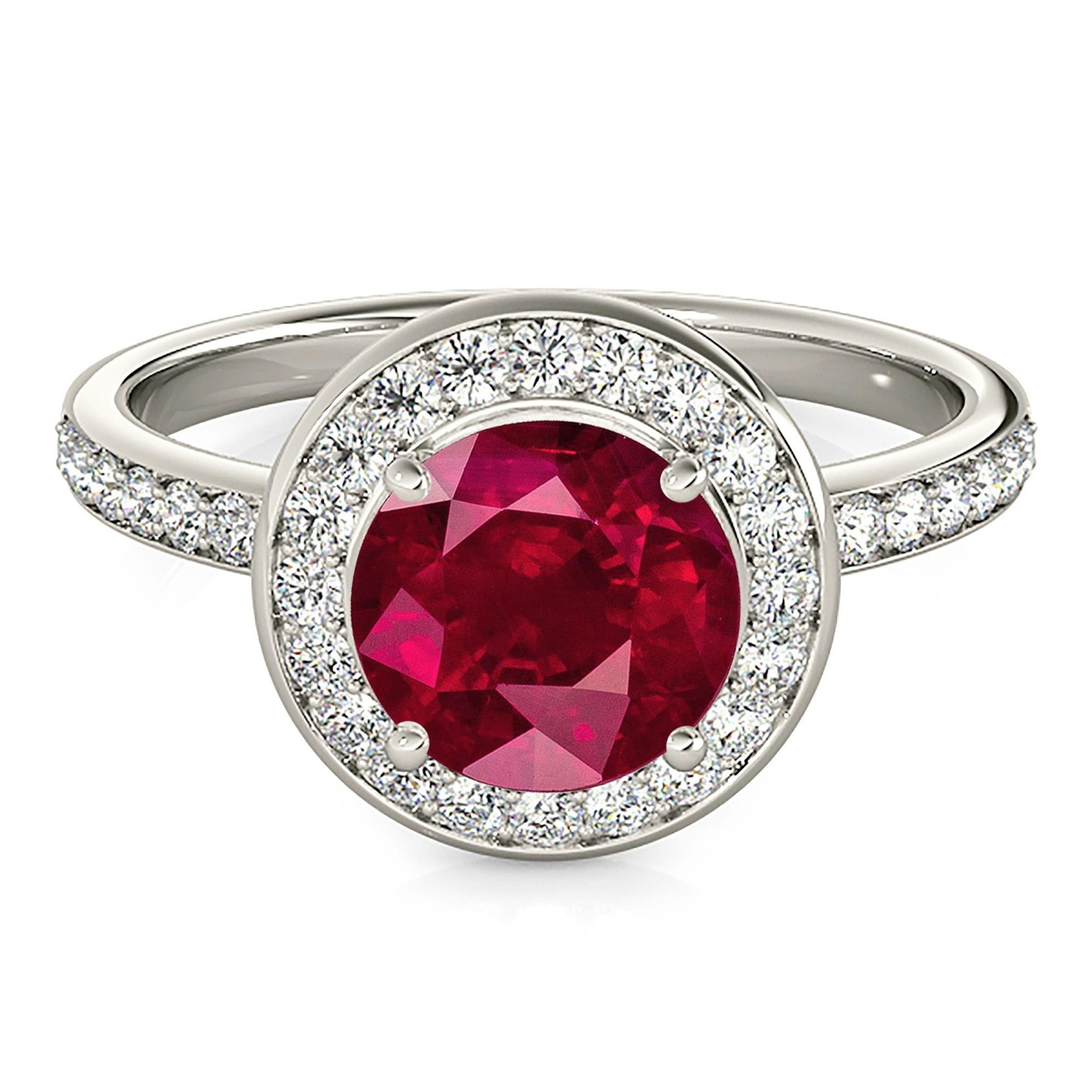 1.45 ct. Genuine Ruby Ring With 0.35 ctw. Channel Set Diamond Halo And Thin Diamond Band,Invisible Gallery-VIRABYANI