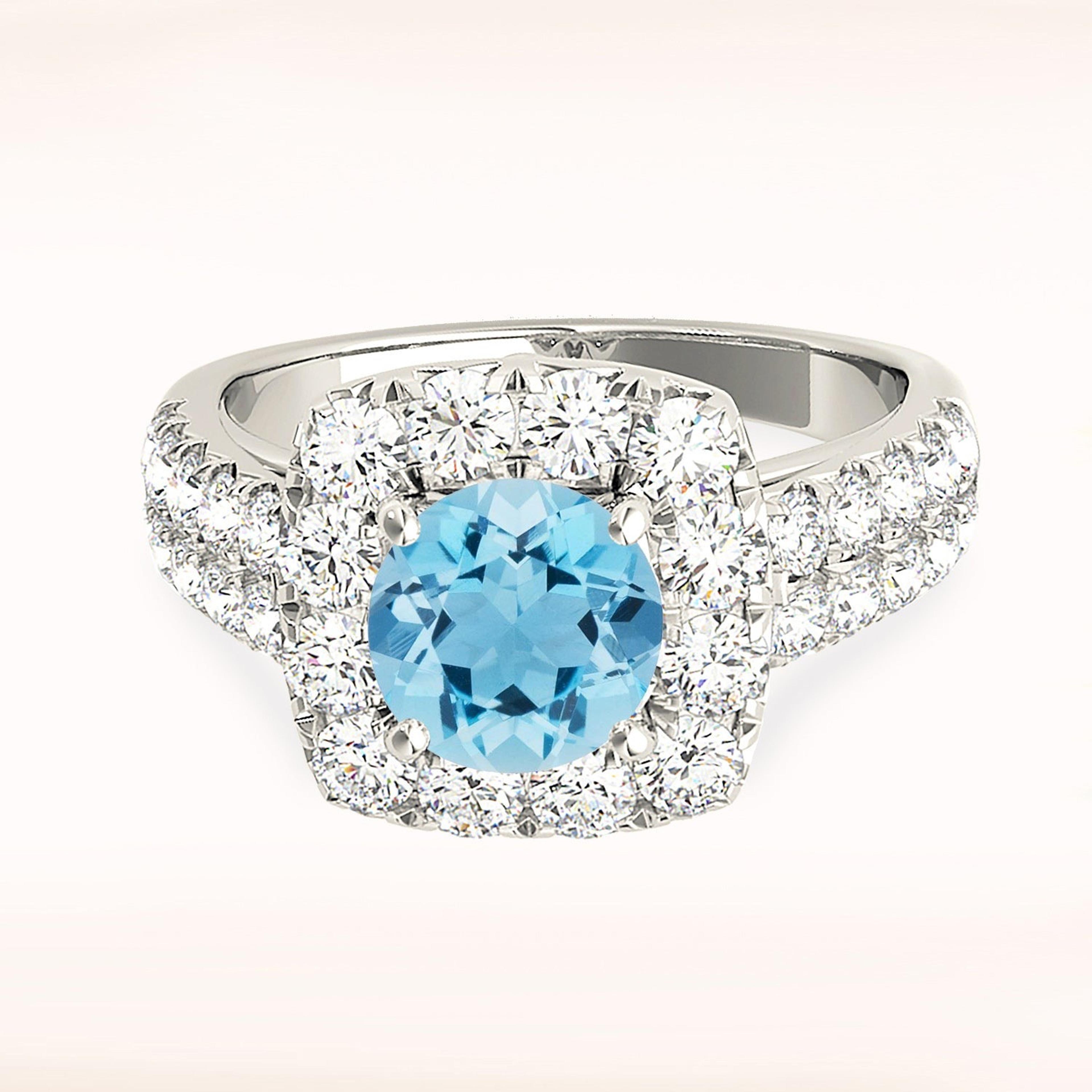 2.00 ct. Genuine Aquamarine Ring With 1.00 ctw. Diamond Cushion Halo And Double Row Diamond Band-VIRABYANI
