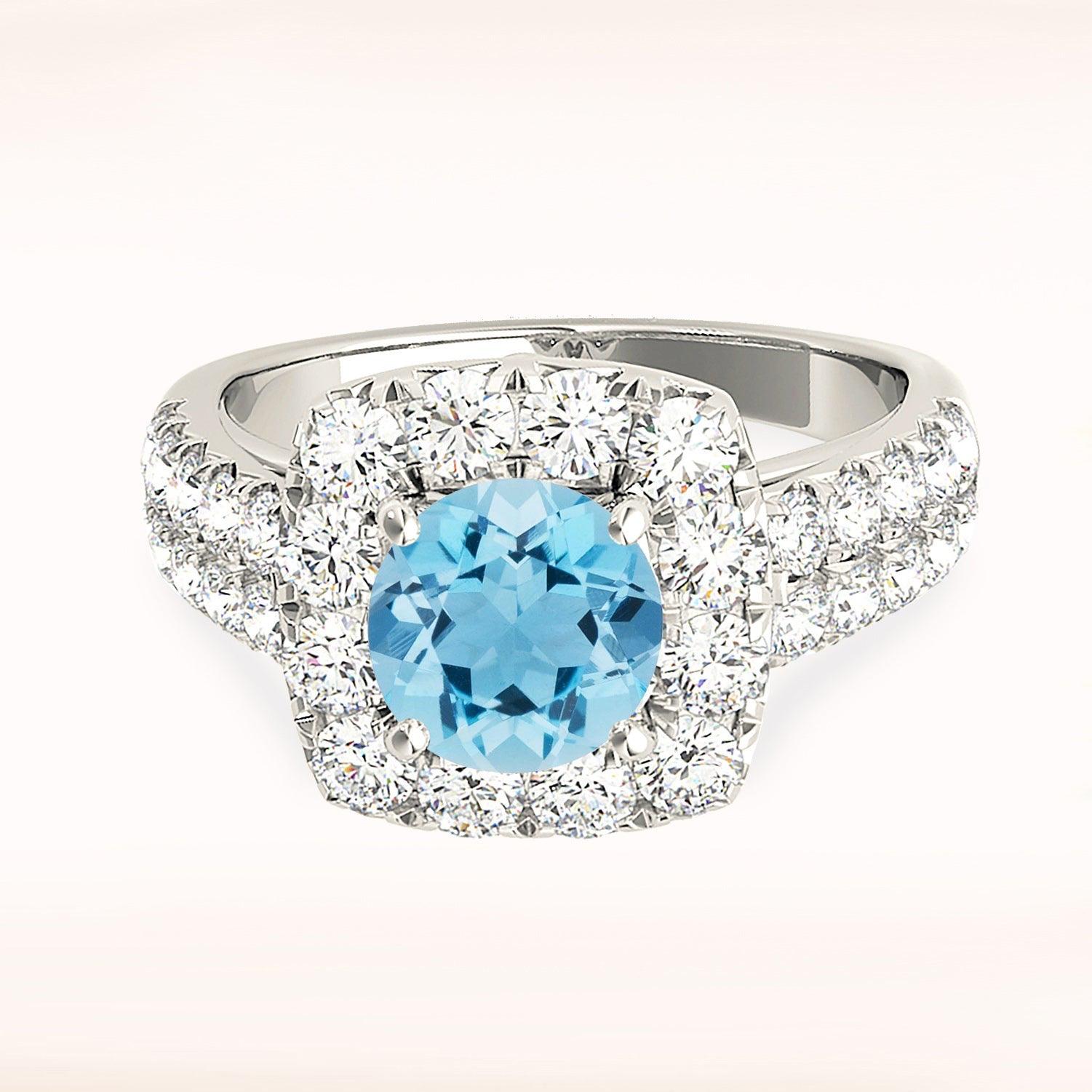 2.00 ct. Genuine Aquamarine Ring With 1.00 ctw. Diamond Cushion Halo And Double Row Diamond Band-VIRABYANI