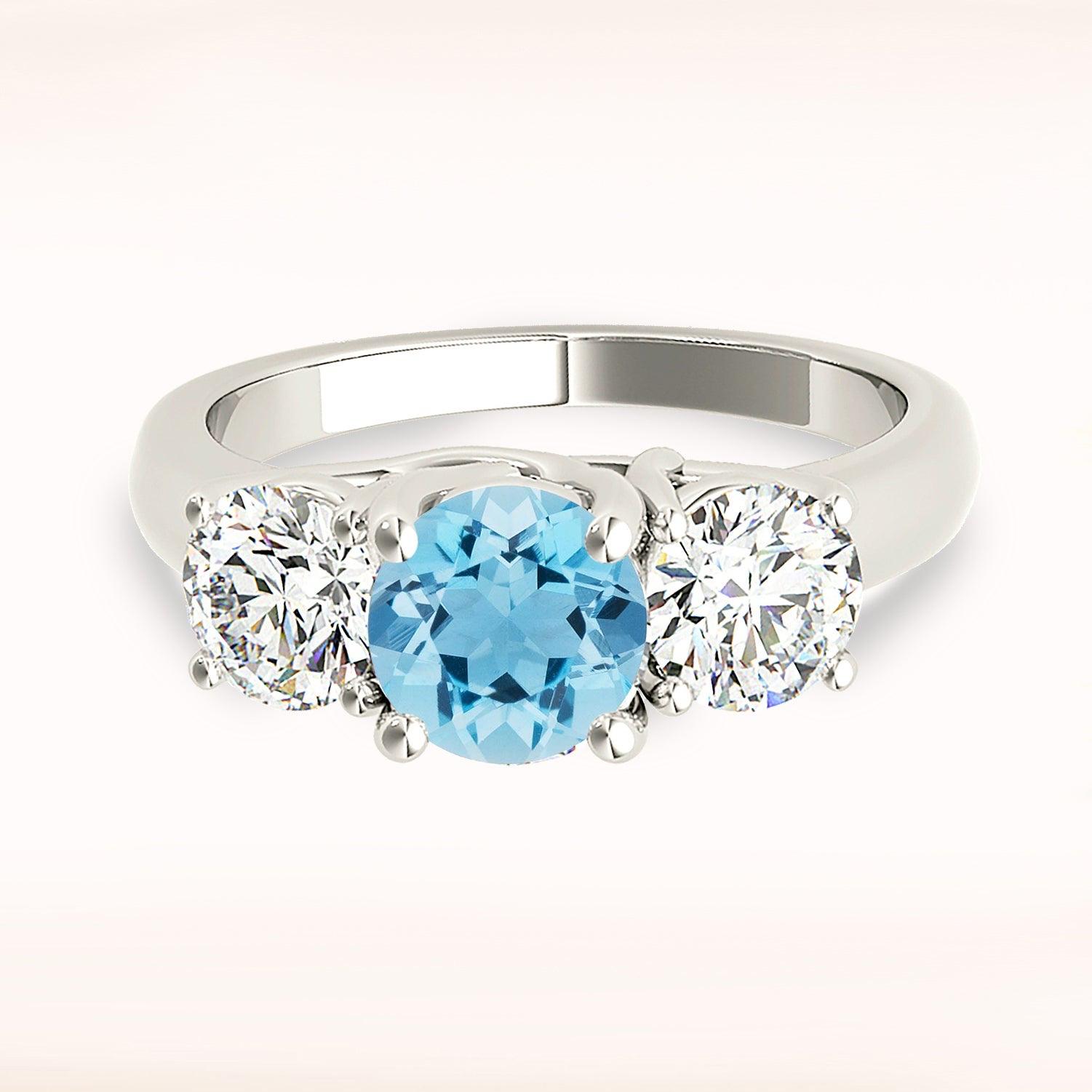 1.63 ct. Genuine Aquamarine Three Stone Emgagement Ring With 1.20 ctw. Side Diamonds-VIRABYANI