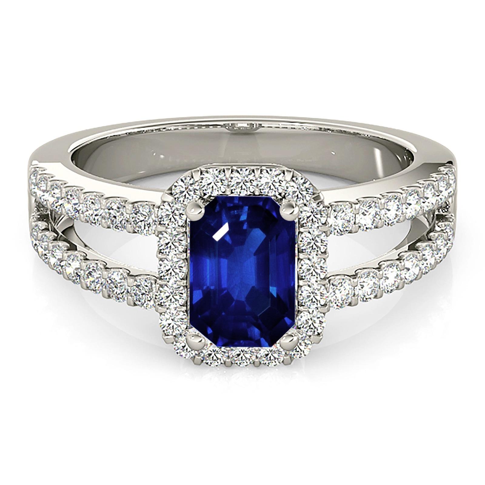 1.15 ct. Genuine Blue Emerald Cut Sapphire Ring With 0.50 ctw. Diamond Halo, Split Open Diamond Shank | Natural Sapphire And Diamond Ring-VIRABYANI