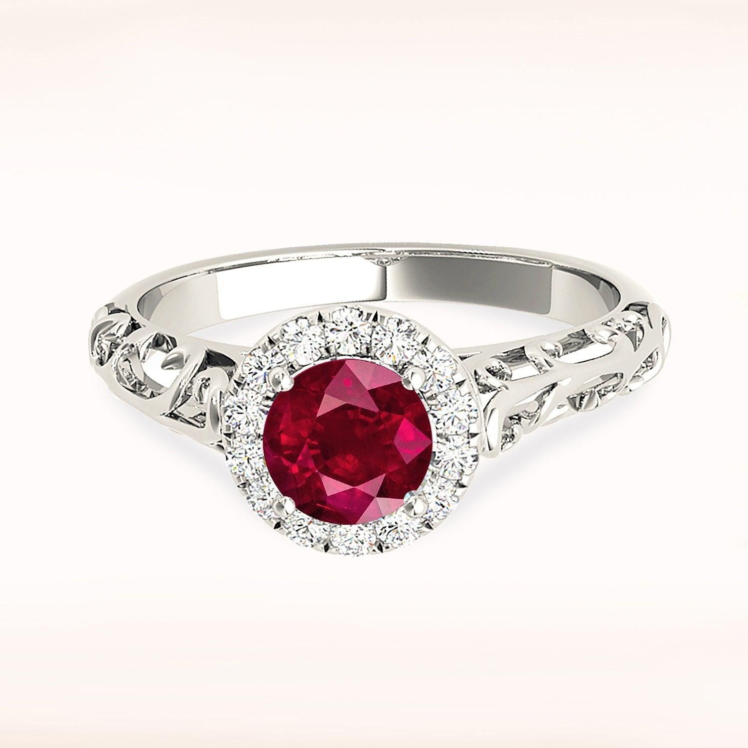 1.15 ct. Genuine Ruby Ring With Halo , Hand Caved Filigree Fancy Band