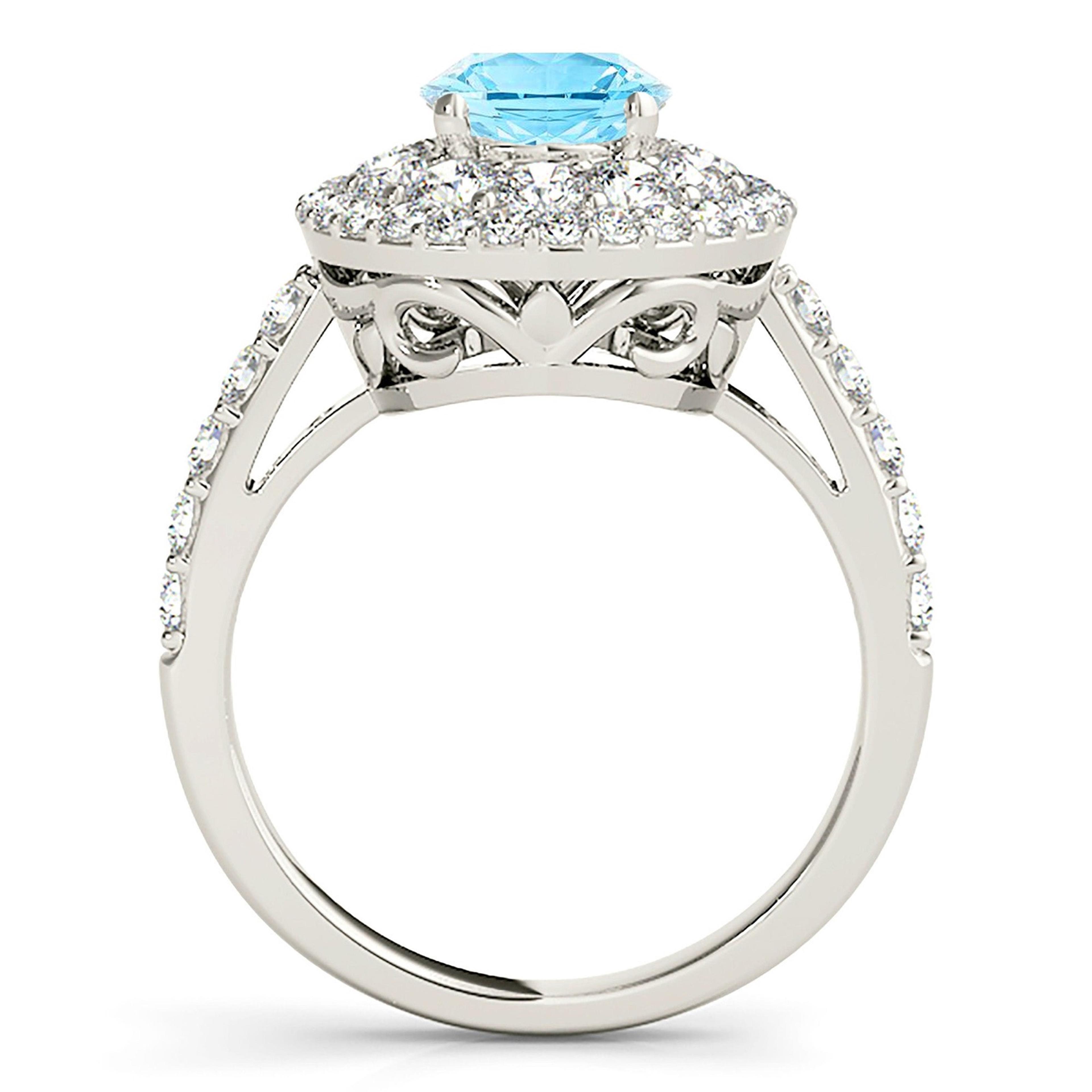 1.10 ct. Genuine Aquamarine Ring With 1.00 ctw. Diamond Double Row Halo And Delicate Diamond band | Round Blue Aquamarine Halo Ring-VIRABYANI