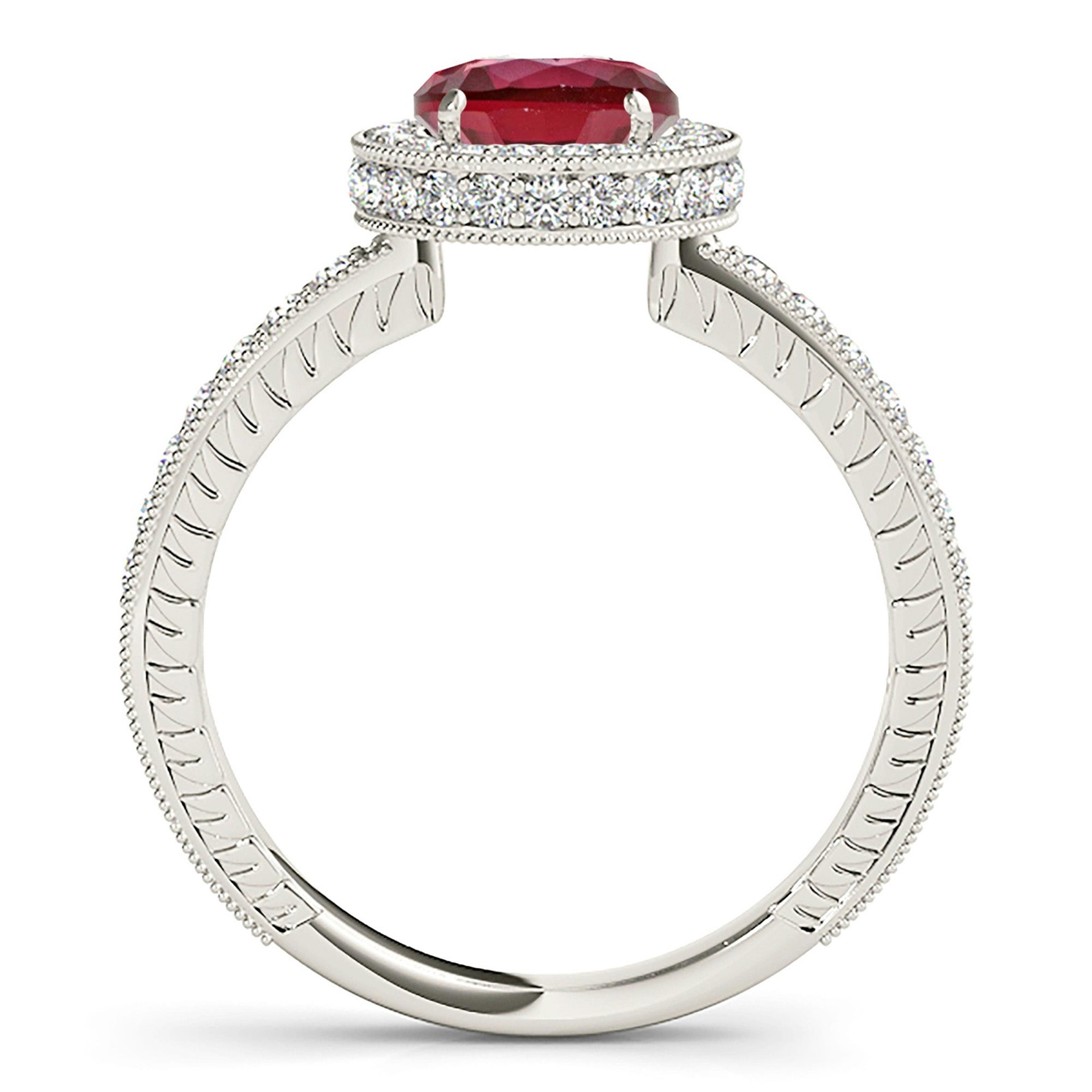 1.35 ct. Genuine Ruby Ring With 0.50 ctw. Diamond Double Edge Halo And Filigree Diamond Band, Invisible Gallery-VIRABYANI