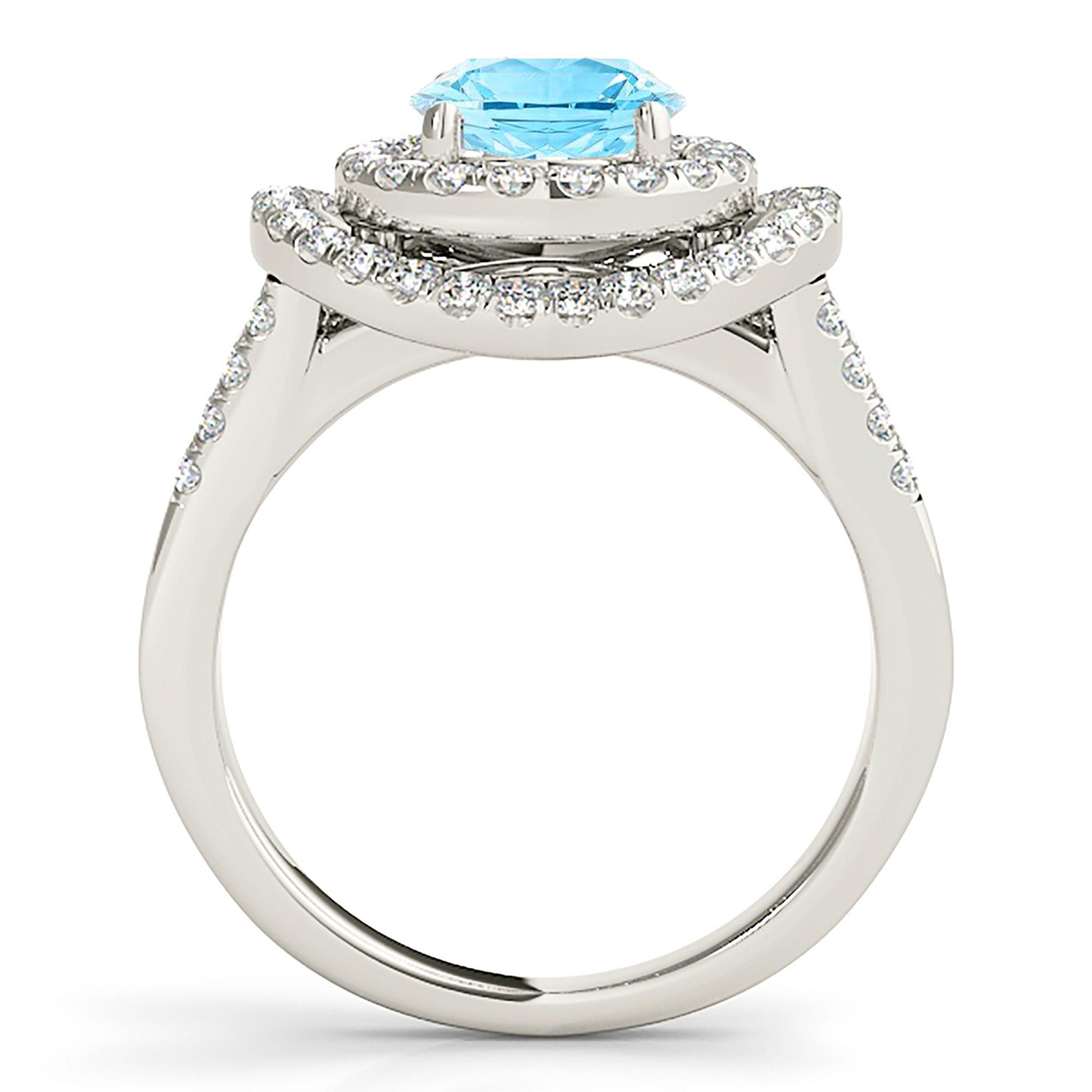 1.10 ct. Genuine Aquamarine Ring with 0.70 ctw. Diamond Double Row Halo And Split Diamond Band | Round Blue Aquamarine Halo Ring-VIRABYANI