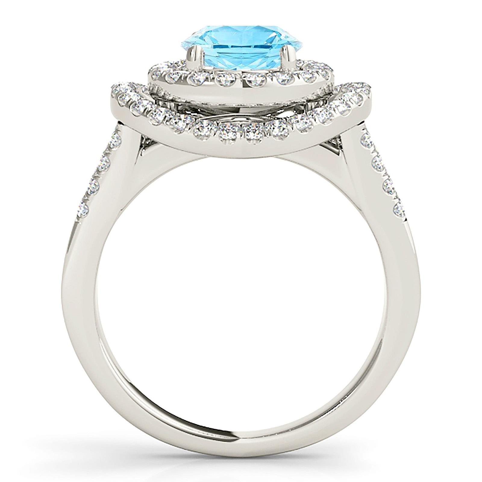 1.10 ct. Genuine Aquamarine Ring with 0.70 ctw. Diamond Double Row Halo And Split Diamond Band | Round Blue Aquamarine Halo Ring-VIRABYANI