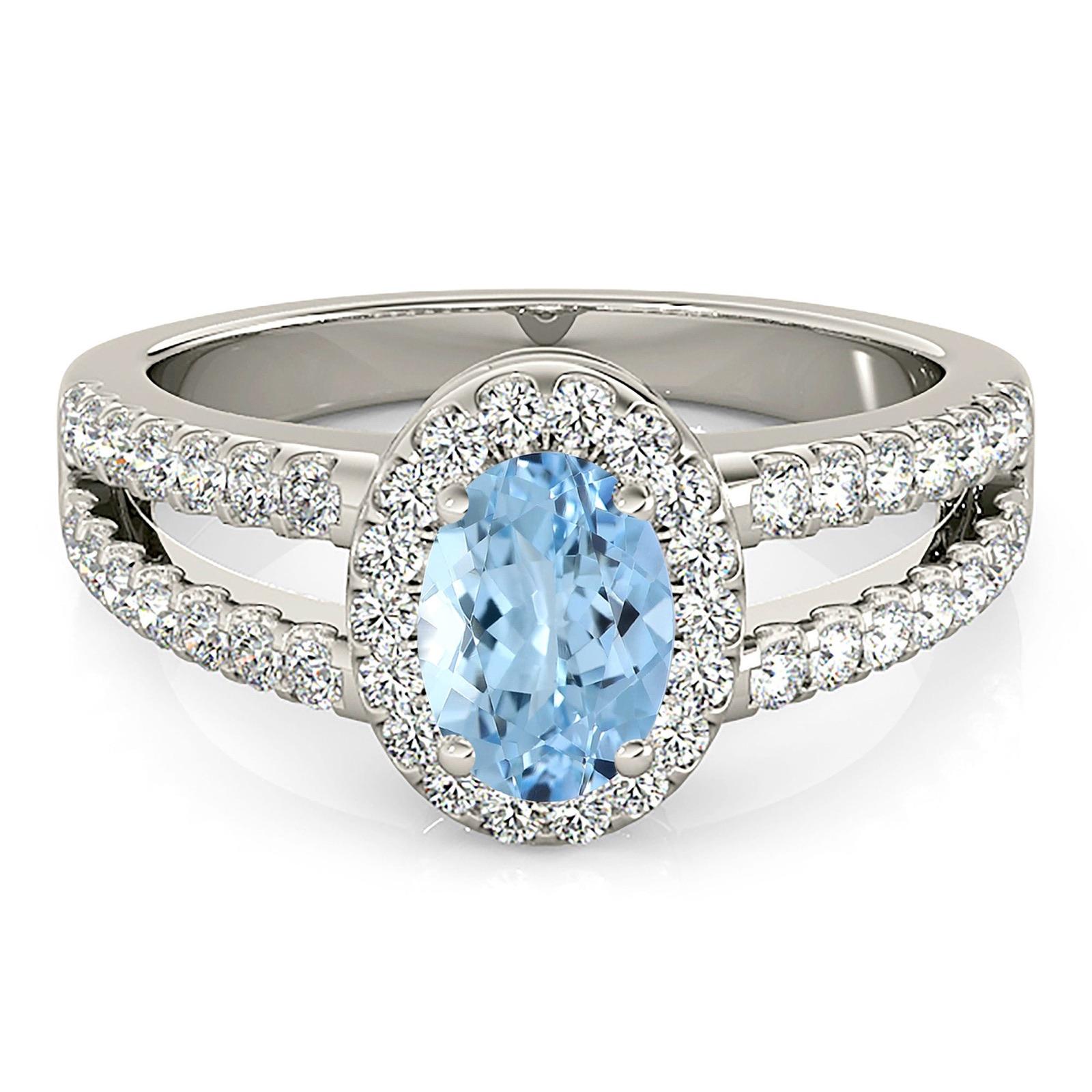 2.00 ct. Genuine Oval Aquamarine Ring With 0.50 ctw. Diamond Halo And Split Diamond Band | Oval Blue Aquamarine Halo Ring-VIRABYANI