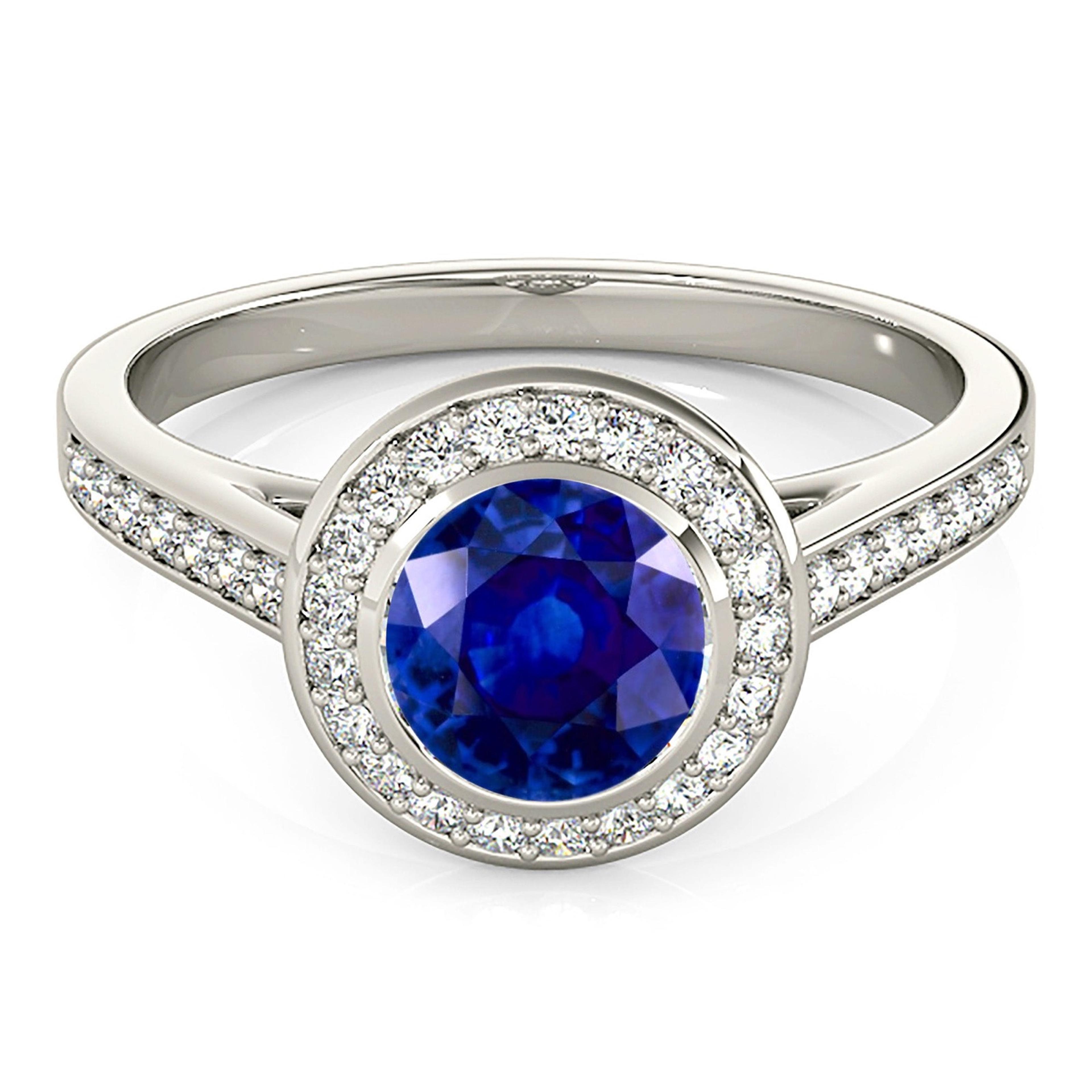 1.35 ct. Genuine Blue Sapphire Halo Ring With 0.25 ctw. Under Halo And Side Diamonds-VIRABYANI