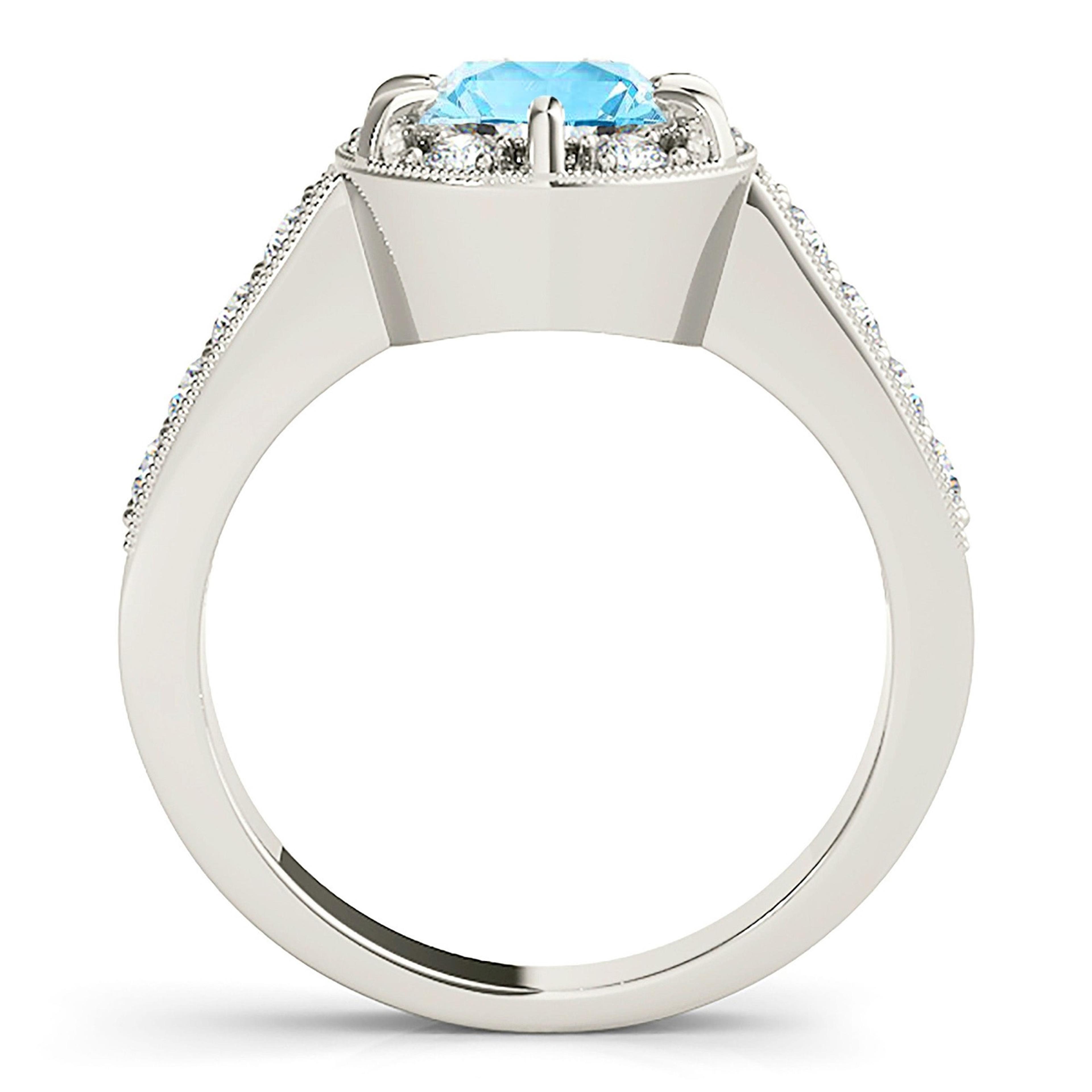 1.63 ct. Genuine Aquamarine Ring With 0.75 ctw. Diamond Bar And Prong Set Halo, Milgrain Design Diamond Band | Round Blue Aquamarine Halo Ring-VIRABYANI