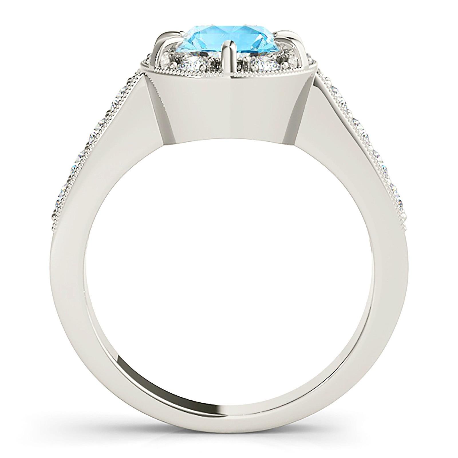 1.63 ct. Genuine Aquamarine Ring With 0.75 ctw. Diamond Bar And Prong Set Halo, Milgrain Design Diamond Band | Round Blue Aquamarine Halo Ring-VIRABYANI