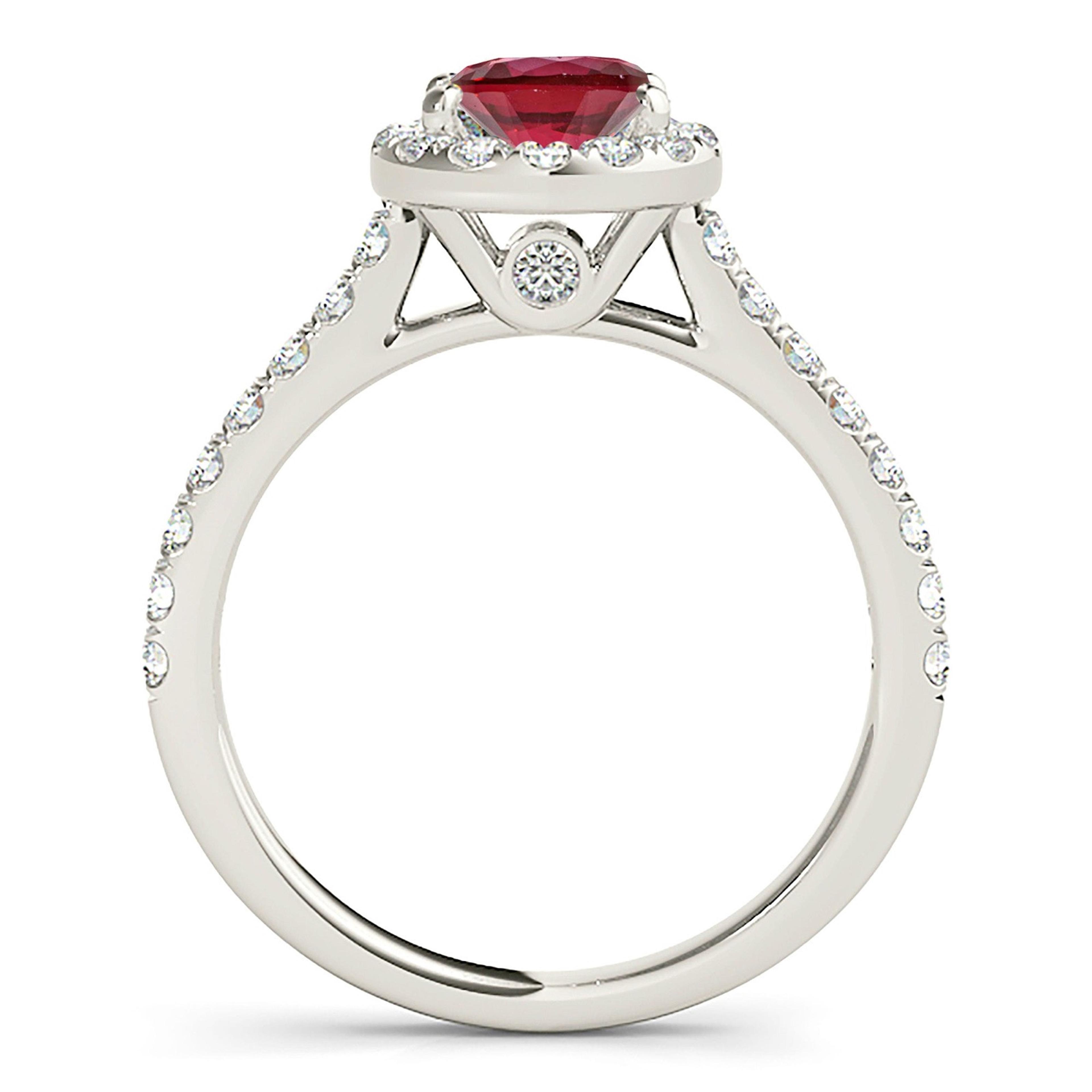1.35 ct. Genuine Ruby Ring With Halo , Delicate Diamond Band