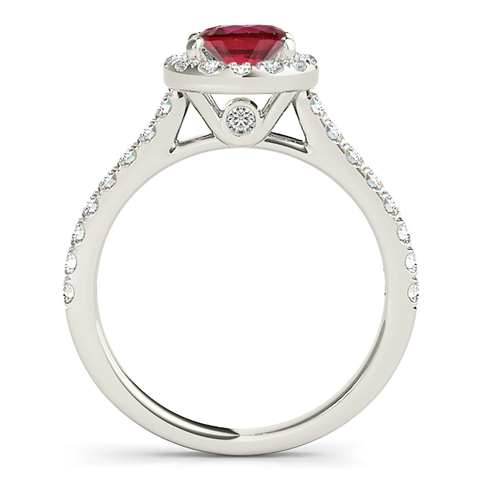 1.35 ct. Genuine Ruby Ring With Halo , Delicate Diamond Band