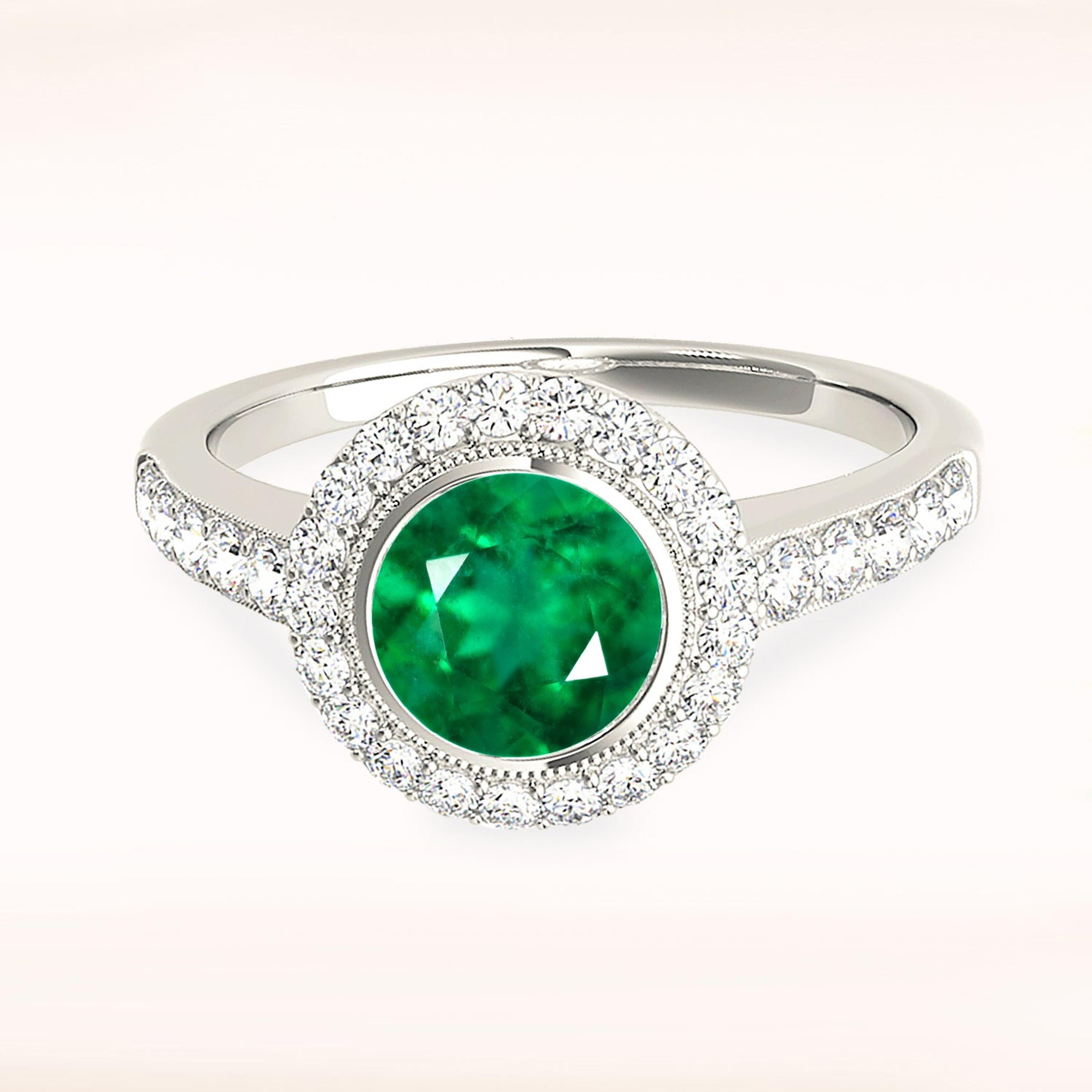 1.14 ct. Genuine Emerald Ring with 0.40 ctw. Diamond Milgrain Halo And Simple Diamond Band-VIRABYANI