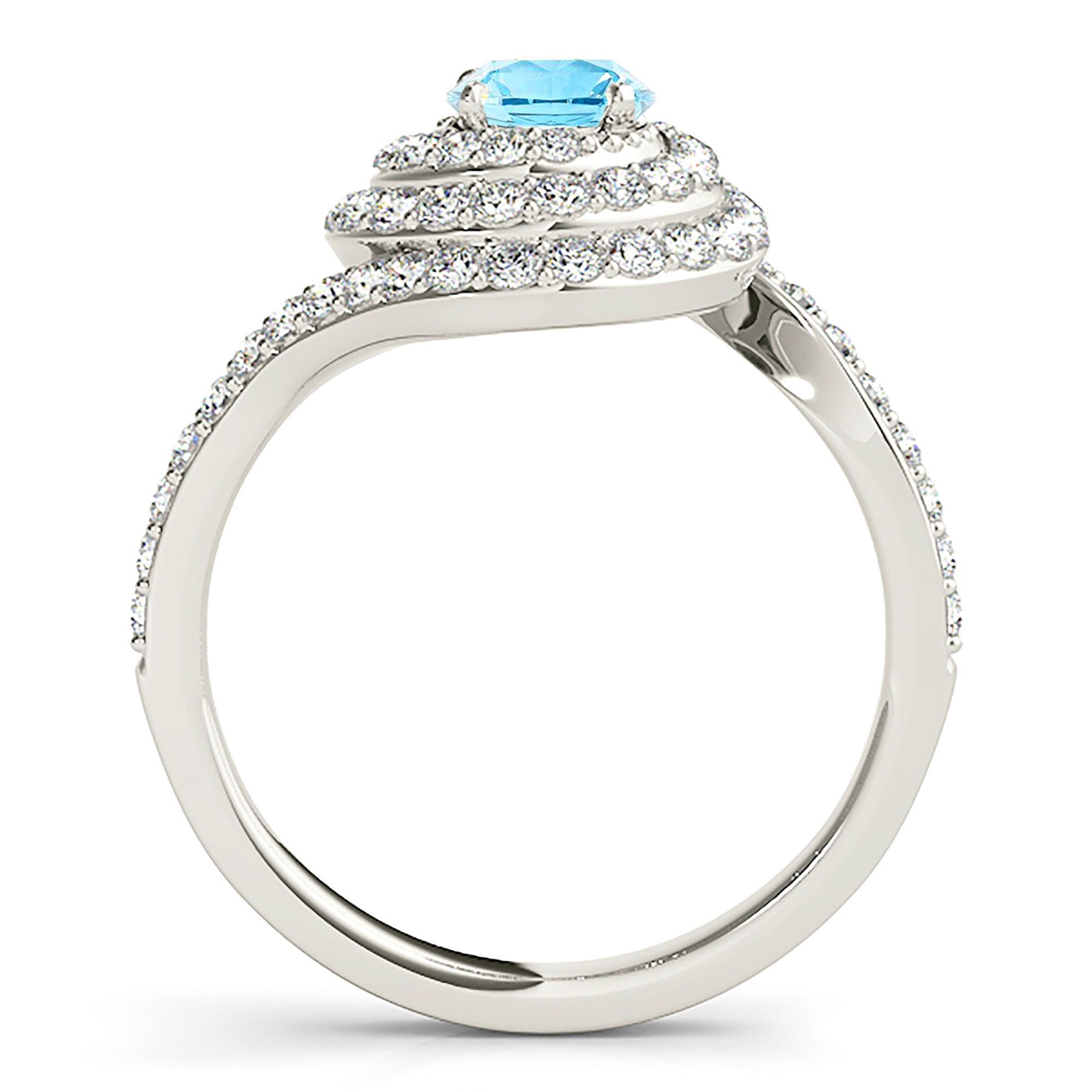 0.83 ct. Genuine Aquamarine Ring With 0.65 ctw. Diamond Triple Row Wrap Around Halo, Delicate Diamond Band | Round Blue Aquamarine Halo Ring-VIRABYANI