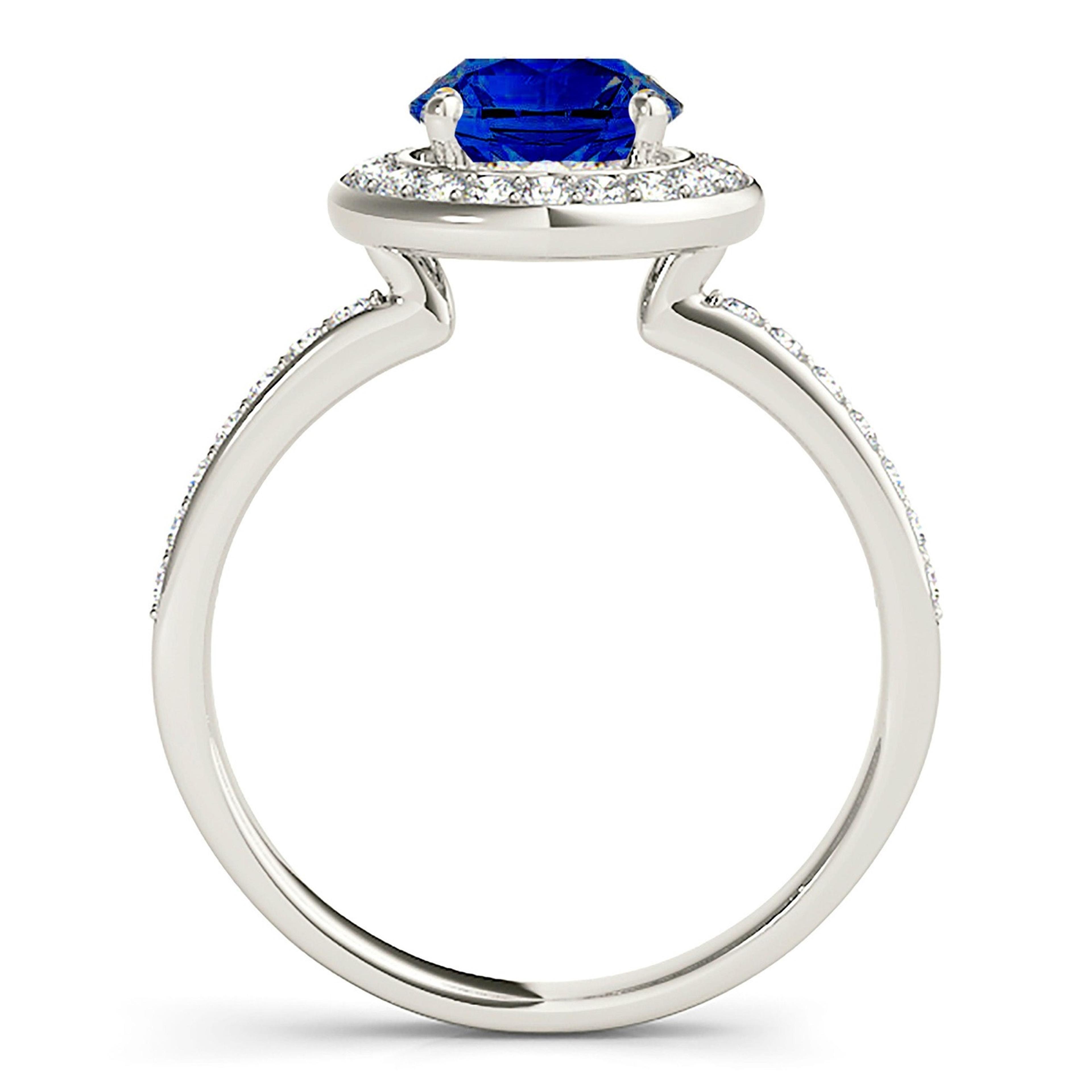 1.46 ct. Genuine Blue Sapphire Halo Ring with 0.35 ctw. Side Diamonds-VIRABYANI
