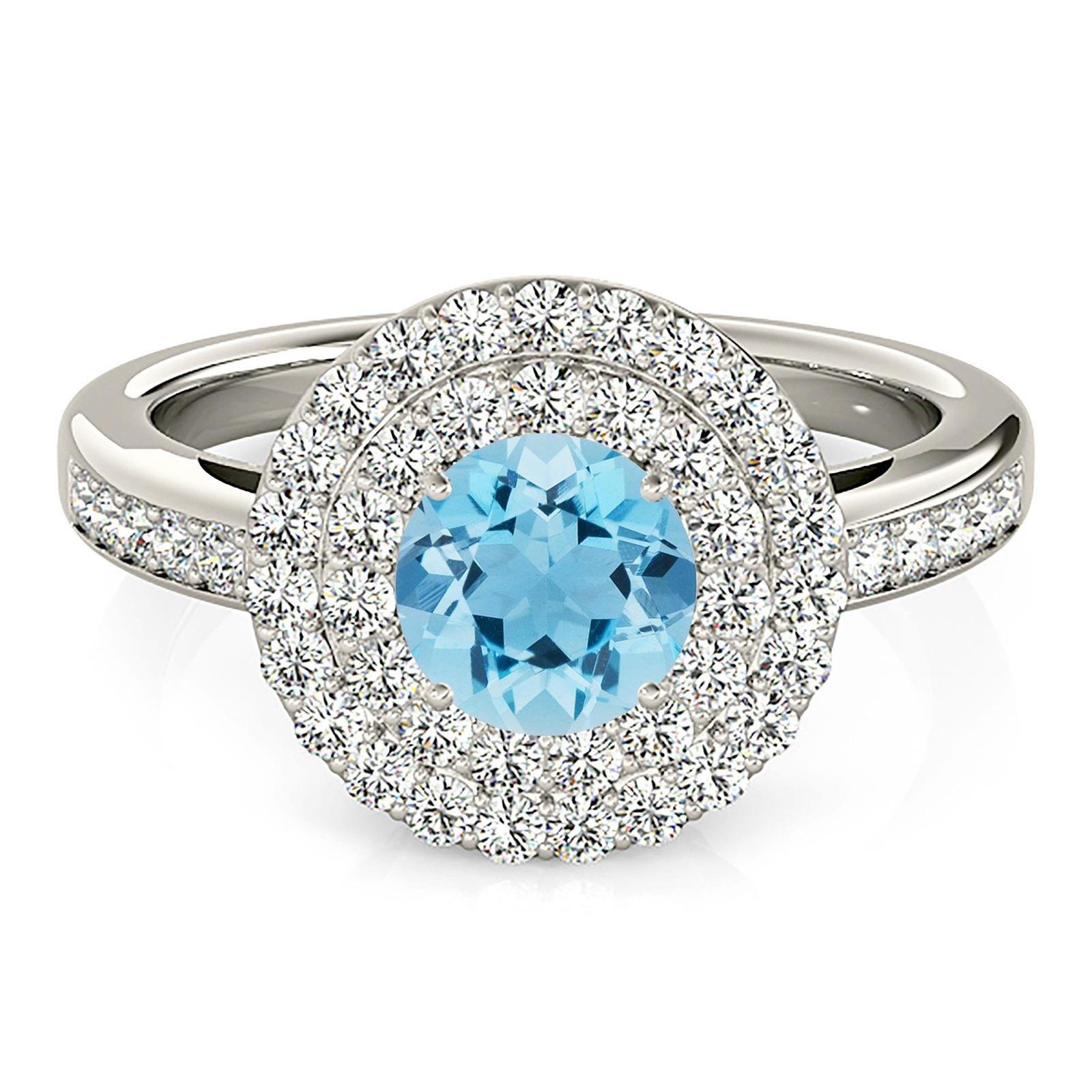 1.10 ct. Genuine Aquamarine Ring With 0.70 ctw. Diamond Double Row Halo And Delicate Diamond Band | Round Blue Aquamarine Halo Ring-VIRABYANI
