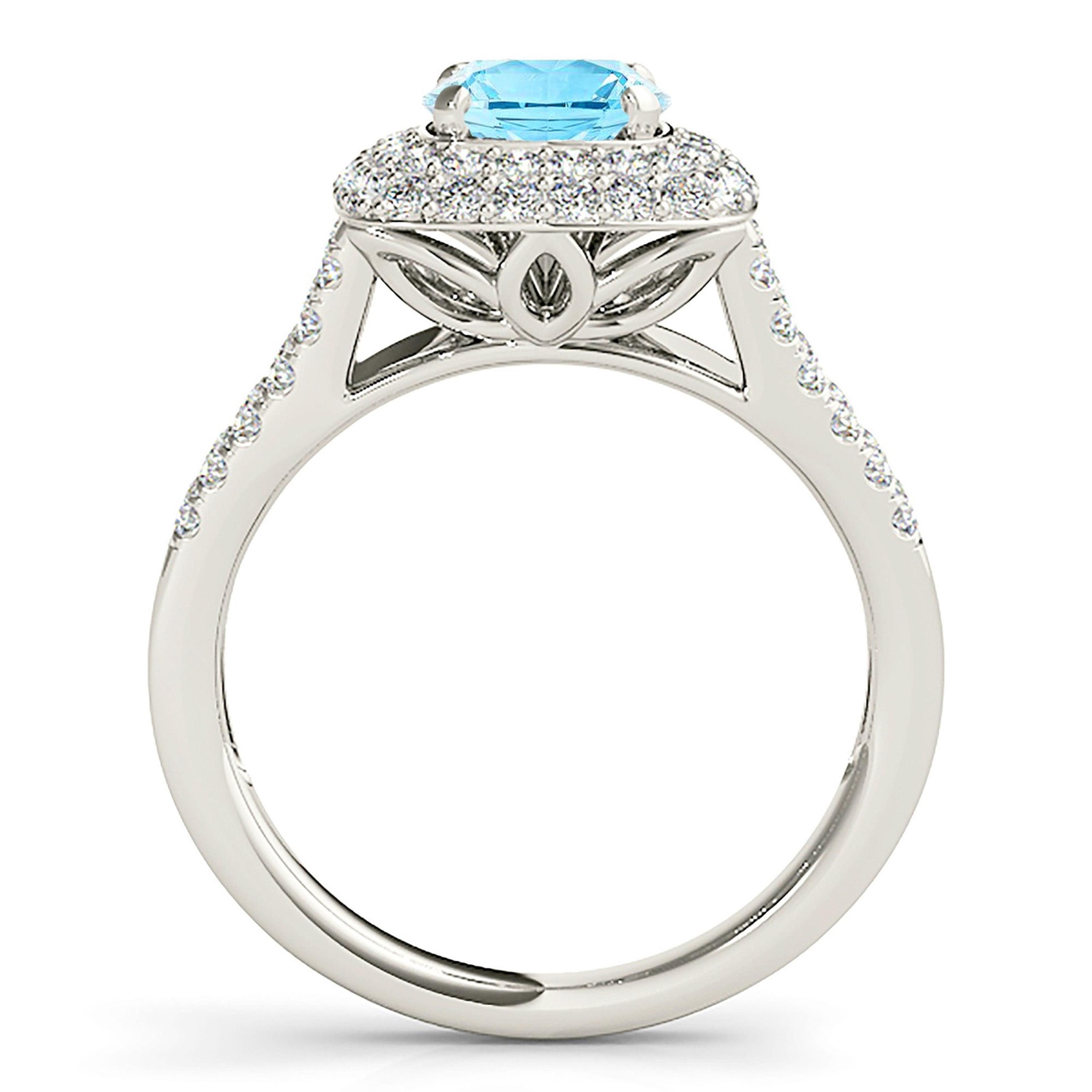 1.10 ct. Genuine Aquamarine Ring With 0.70 ctw. Diamond Cushion Halo And Split Diamond Band | Round Blue Aquamarine Halo Ring-VIRABYANI