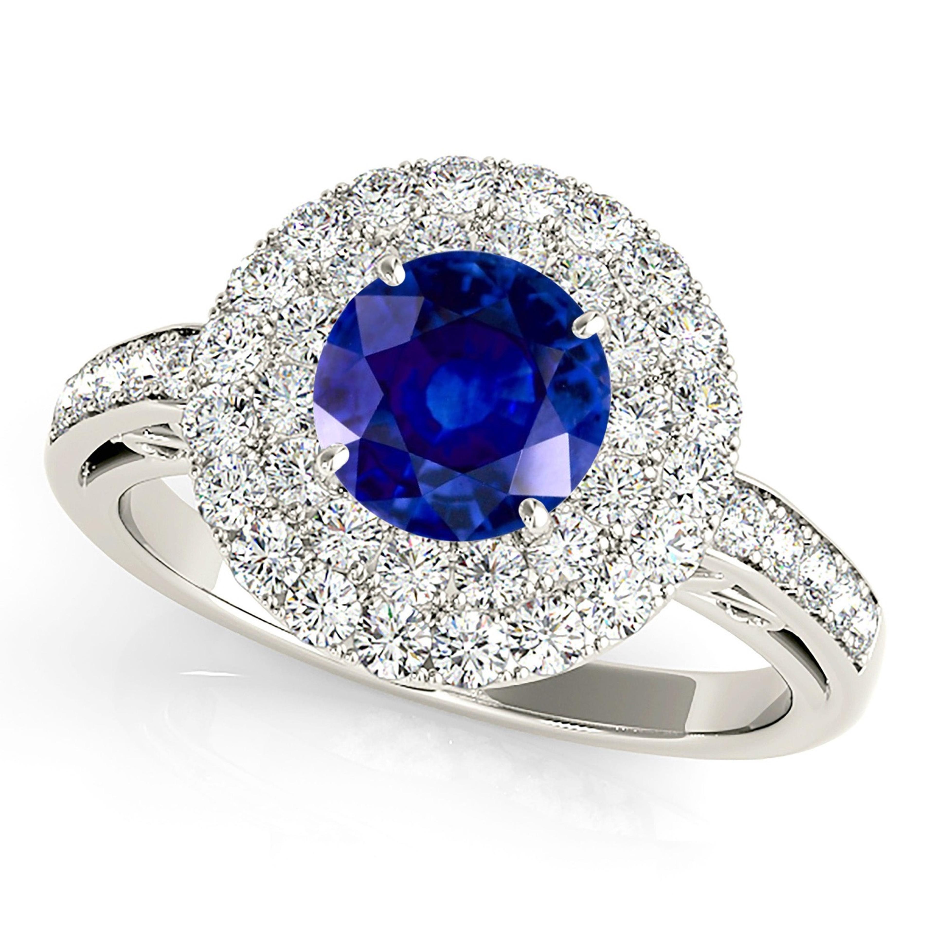 1.35 ct. Genuine Blue Sapphire 3D Pave Set Halo Ring with 1.00 ctw. Diamonds-VIRABYANI