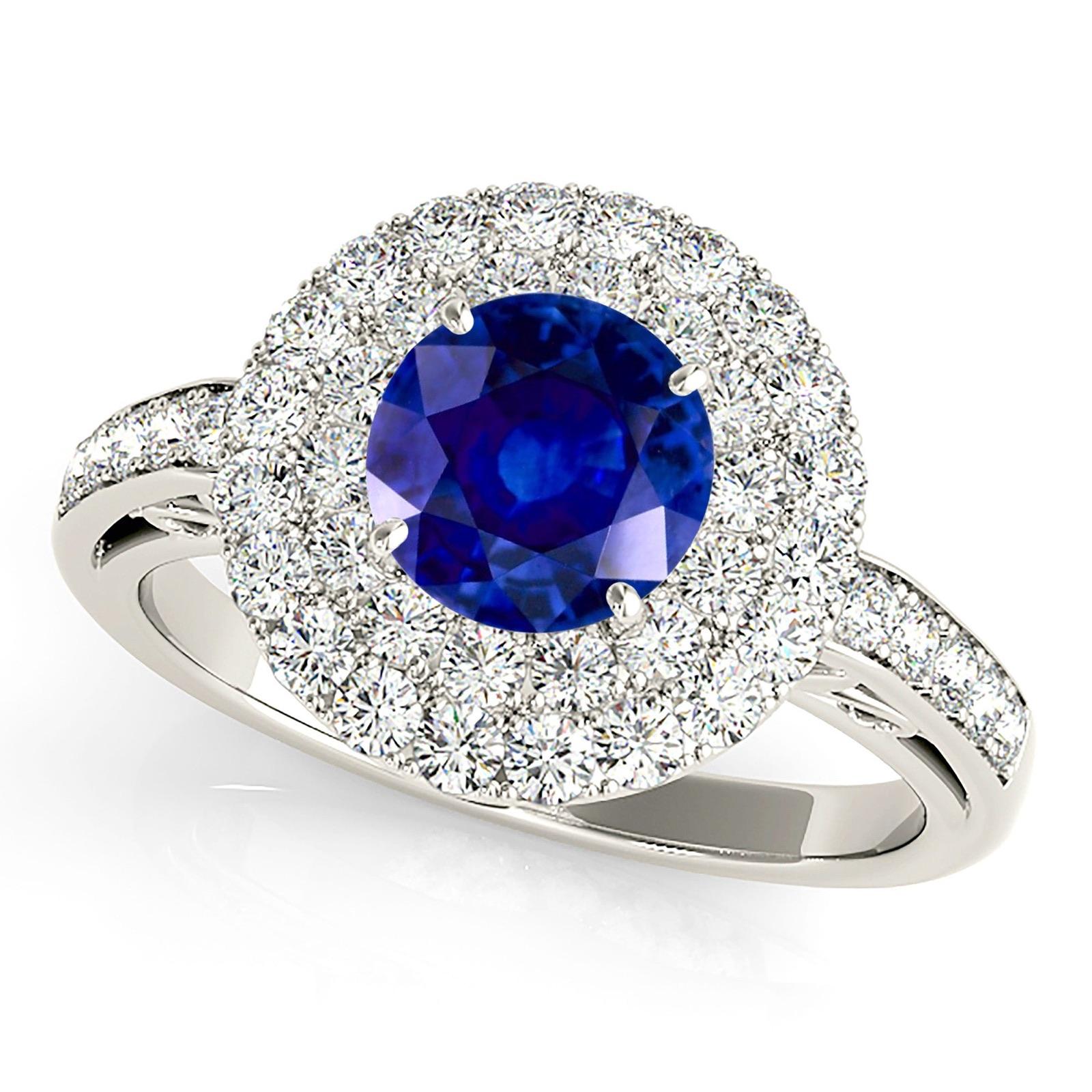 1.35 ct. Genuine Blue Sapphire 3D Pave Set Halo Ring with 1.00 ctw. Diamonds-VIRABYANI
