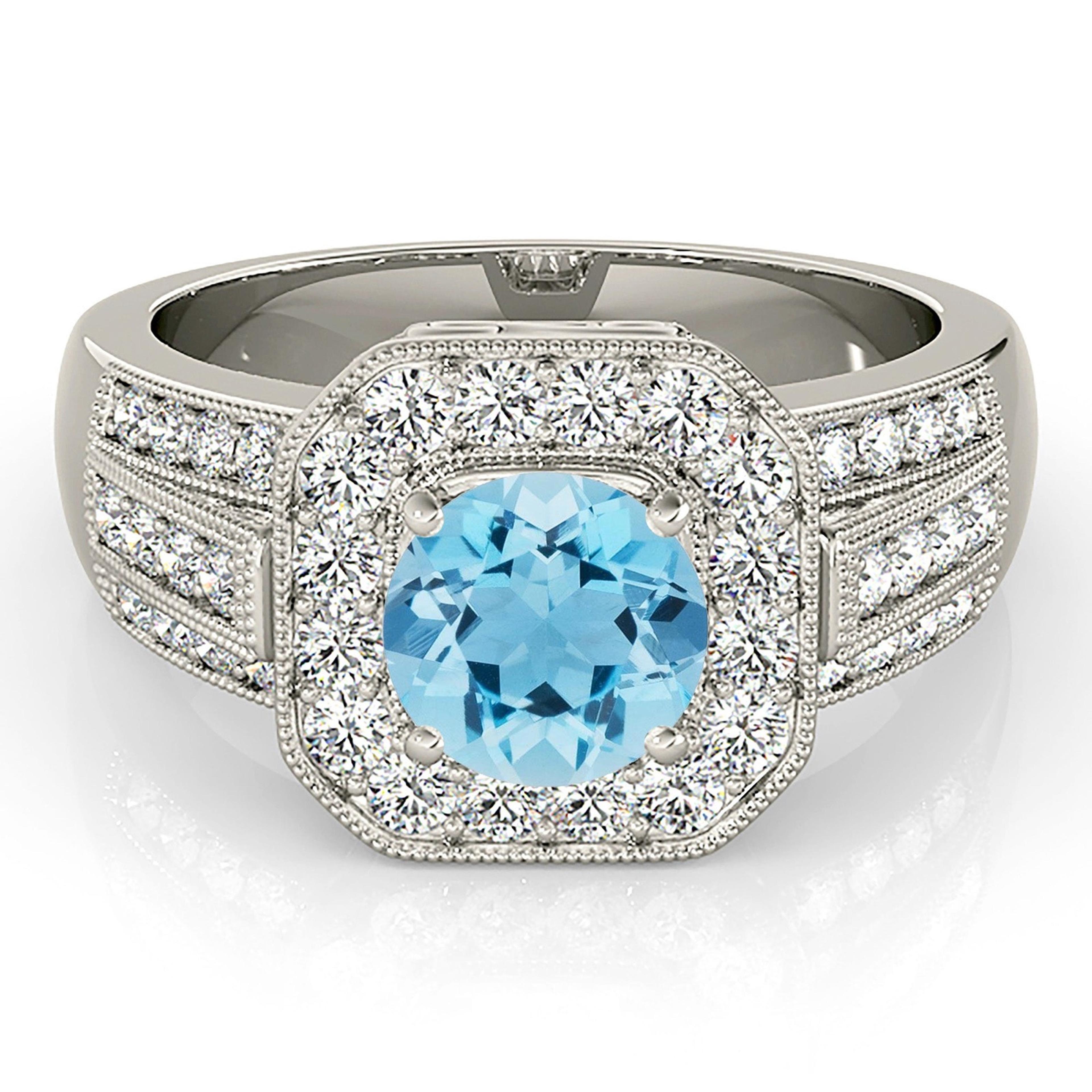 1.10 ct. Genuine Aquamarine Ring With 0.60 ctw. Diamond Halo And Triple row Diamond Solid Gold band | Round Blue Aquamarine Halo Ring-VIRABYANI
