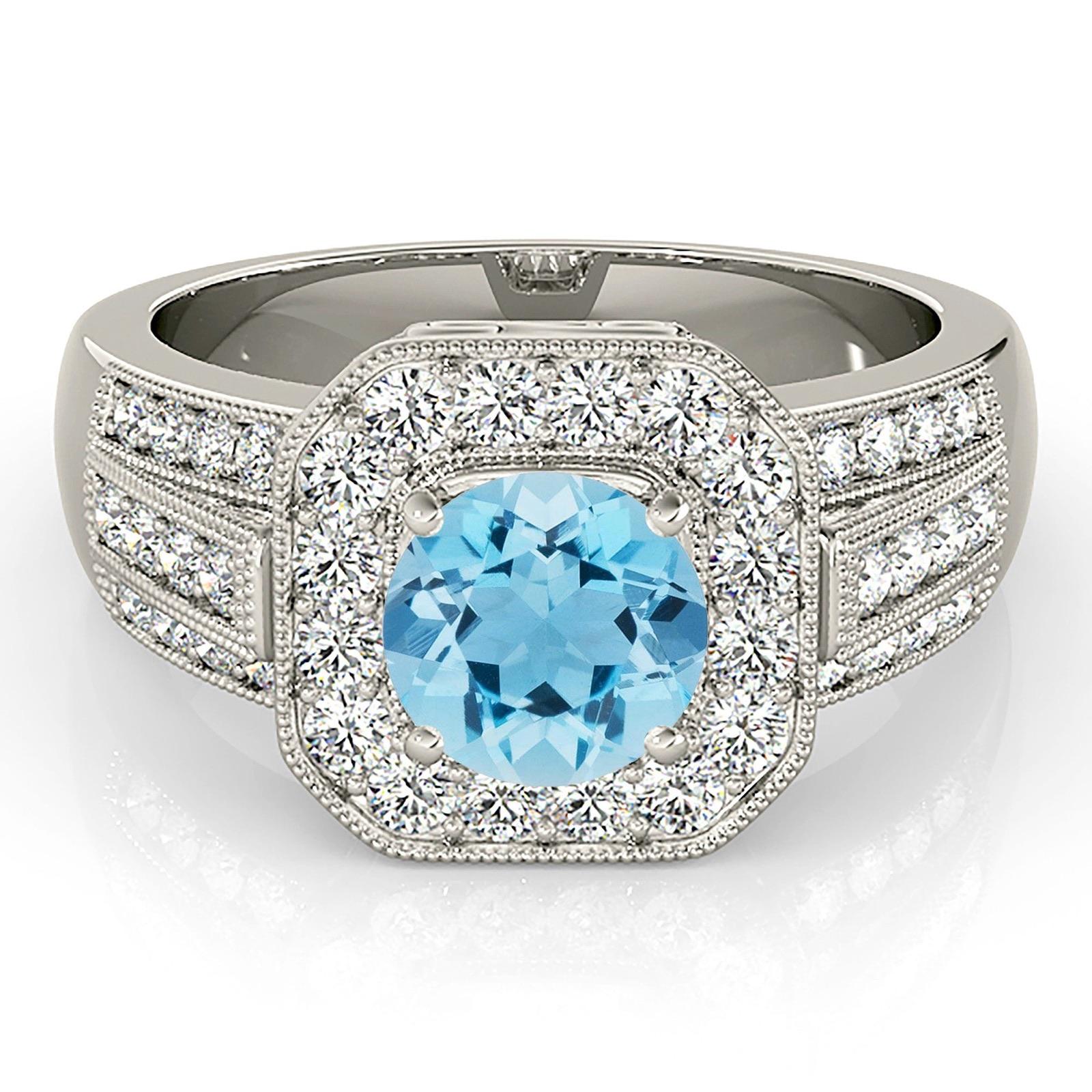 1.10 ct. Genuine Aquamarine Ring With 0.60 ctw. Diamond Halo And Triple row Diamond Solid Gold band | Round Blue Aquamarine Halo Ring-VIRABYANI