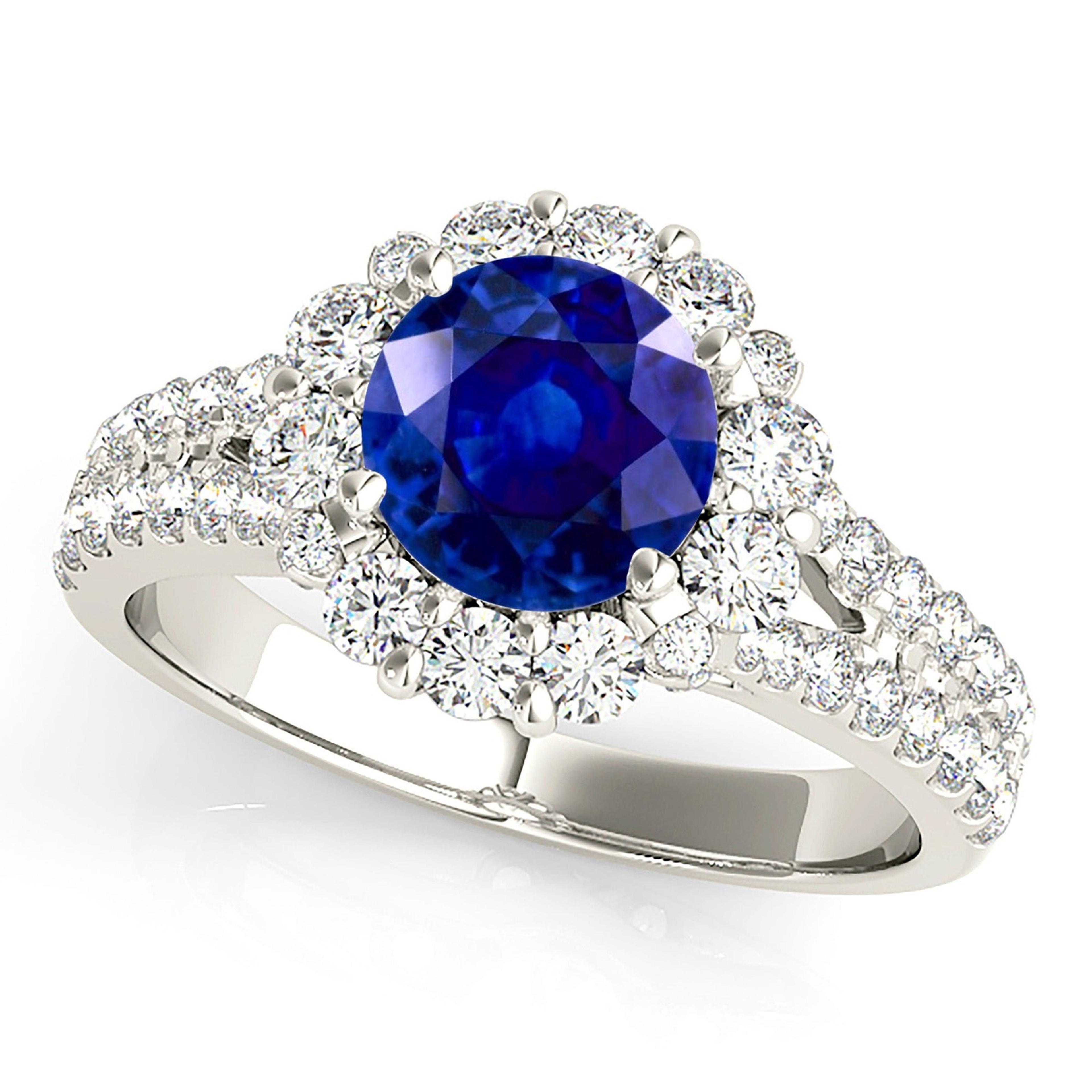 1.80 ct. Genuine Blue Sapphire Split Shank Halo Ring with 0.90 ctw. Side Diamonds-VIRABYANI