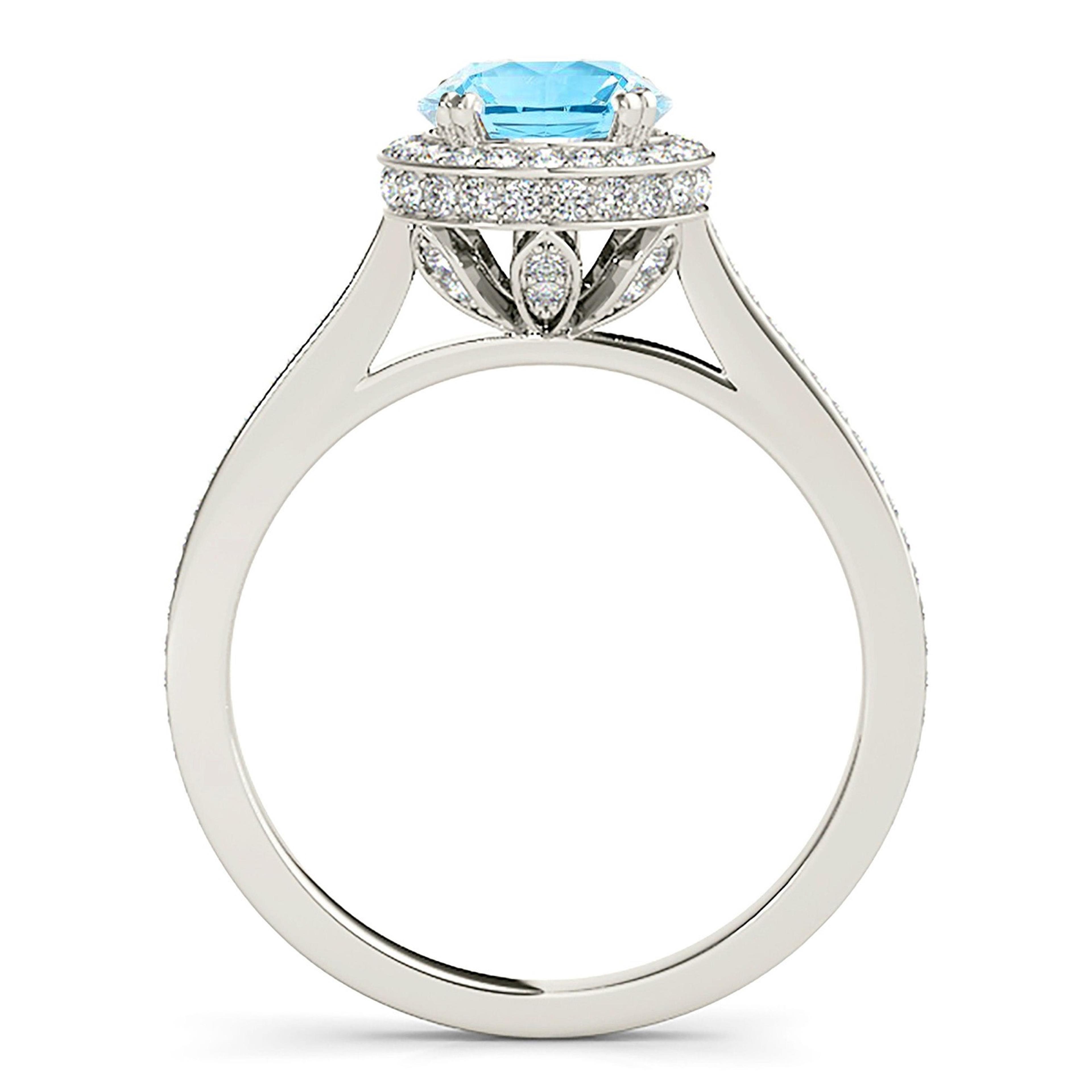 2.00 ct. Genuine Aquamarine Ring With 0.50 ctw. Diamond Channel Set Halo With Delicate Diamond Band | Round Blue Aquamarine Halo Ring-VIRABYANI