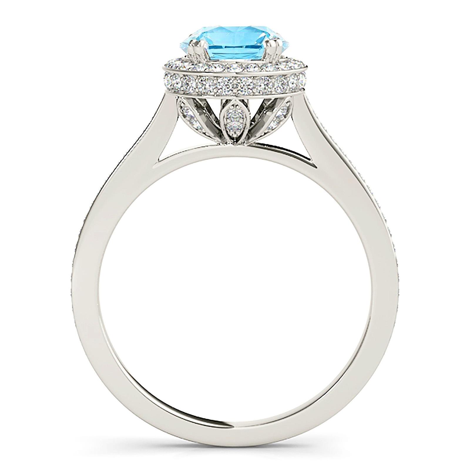 2.00 ct. Genuine Aquamarine Ring With 0.50 ctw. Diamond Channel Set Halo With Delicate Diamond Band | Round Blue Aquamarine Halo Ring-VIRABYANI