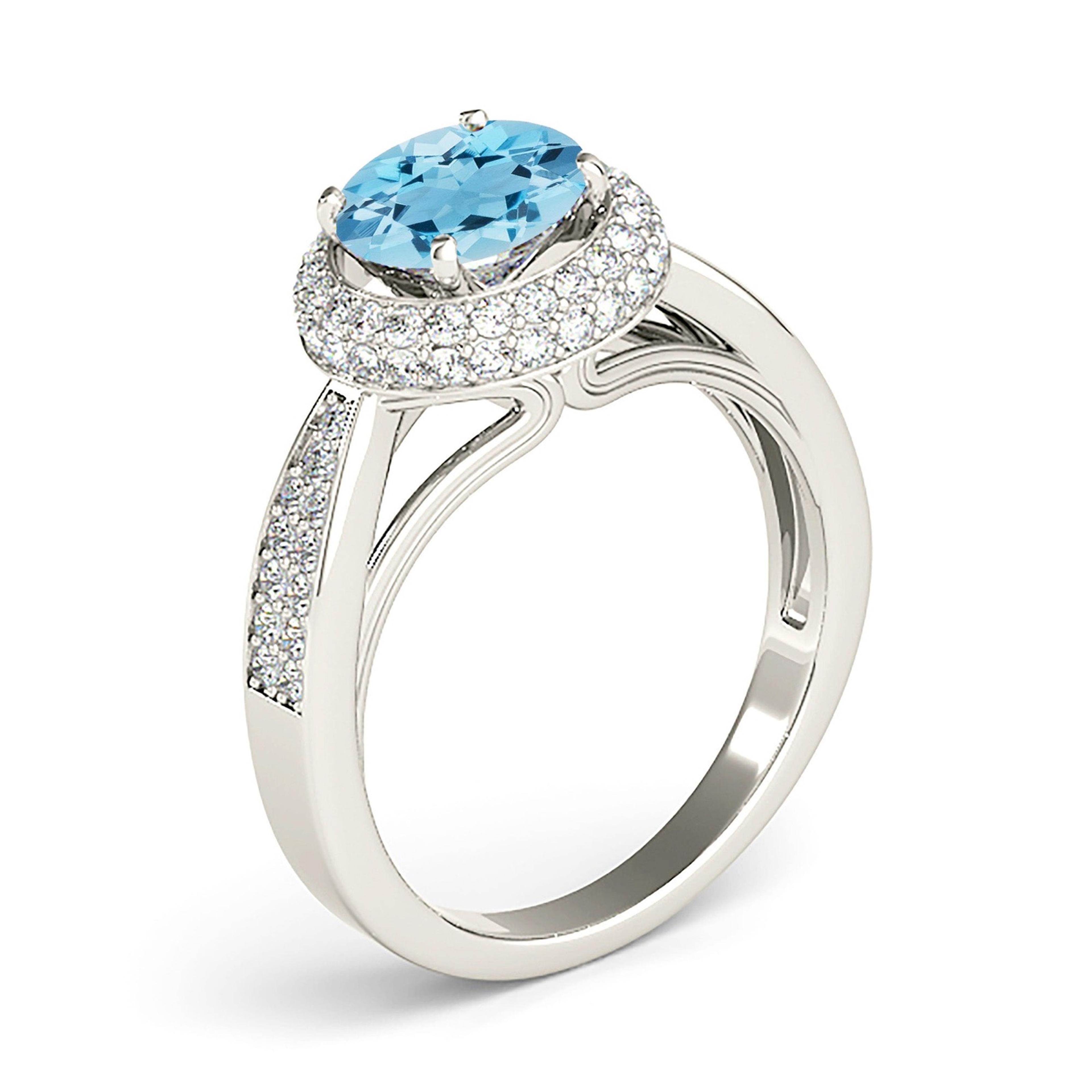 2.00 ct. Genuine Aquamarine Ring With 0.50 ctw. Diamond Double Edge Halo, Double Row Diamond Band | Round Blue Aquamarine Halo Ring-VIRABYANI