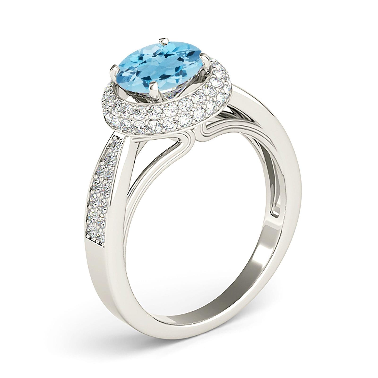2.00 ct. Genuine Aquamarine Ring With 0.50 ctw. Diamond Double Edge Halo, Double Row Diamond Band | Round Blue Aquamarine Halo Ring-VIRABYANI