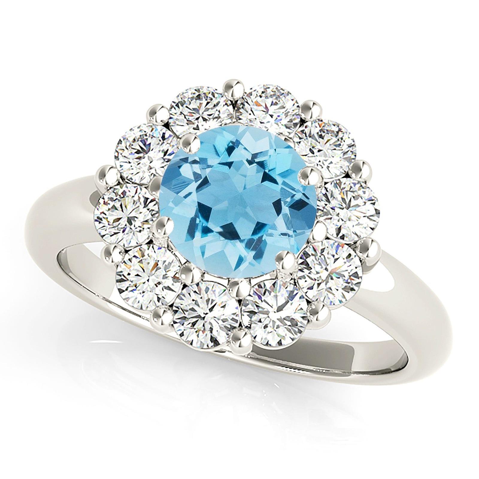 1.75 ct. Genuine Aquamarine Ring With 1.15 ctw. Diamond Halo And Solid Gold Shank-VIRABYANI