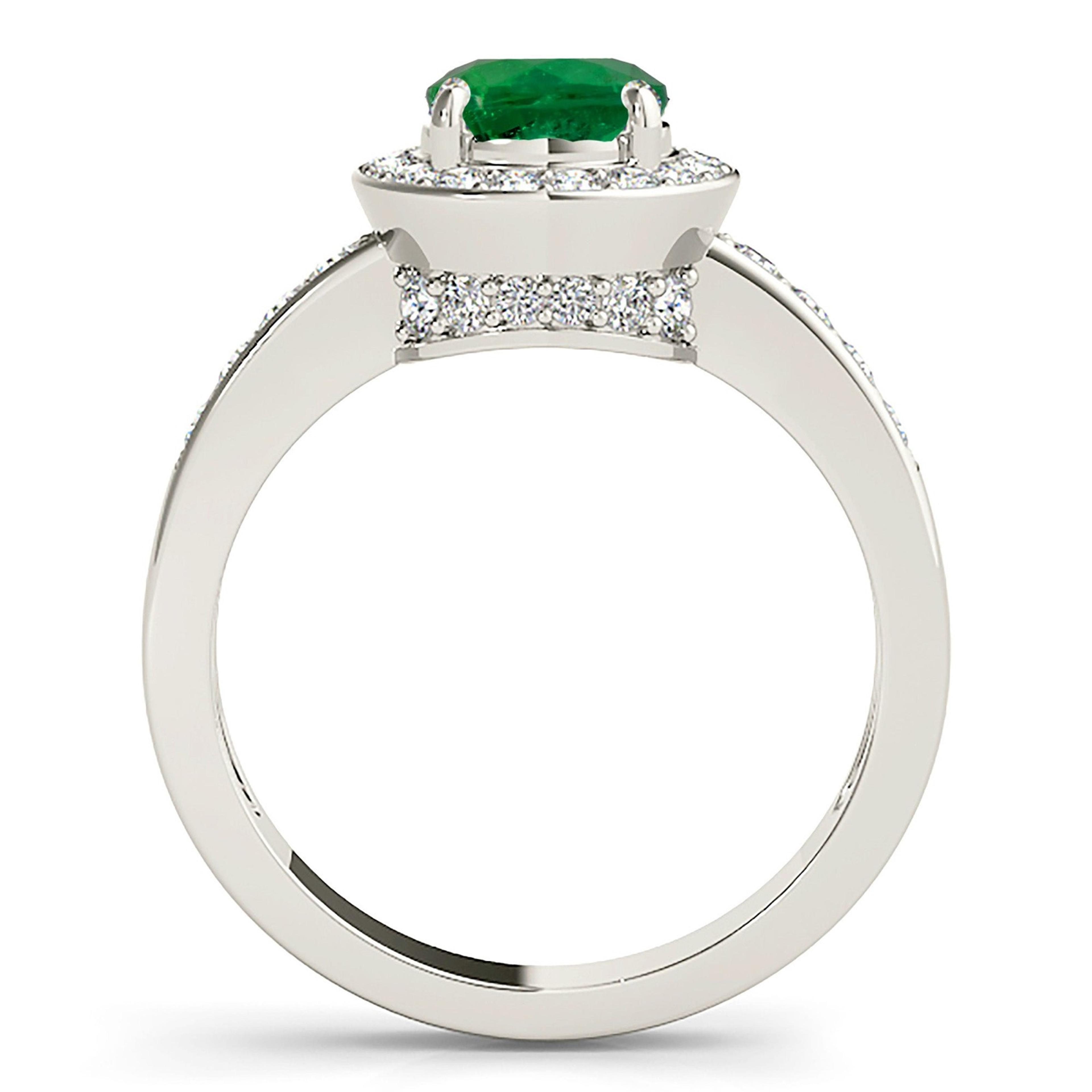 1.75 ct. Genuine Emerald Ring With 0.50 ctw. Channel Set Diamond Halo and Band,Accent Diamond Bridge-VIRABYANI
