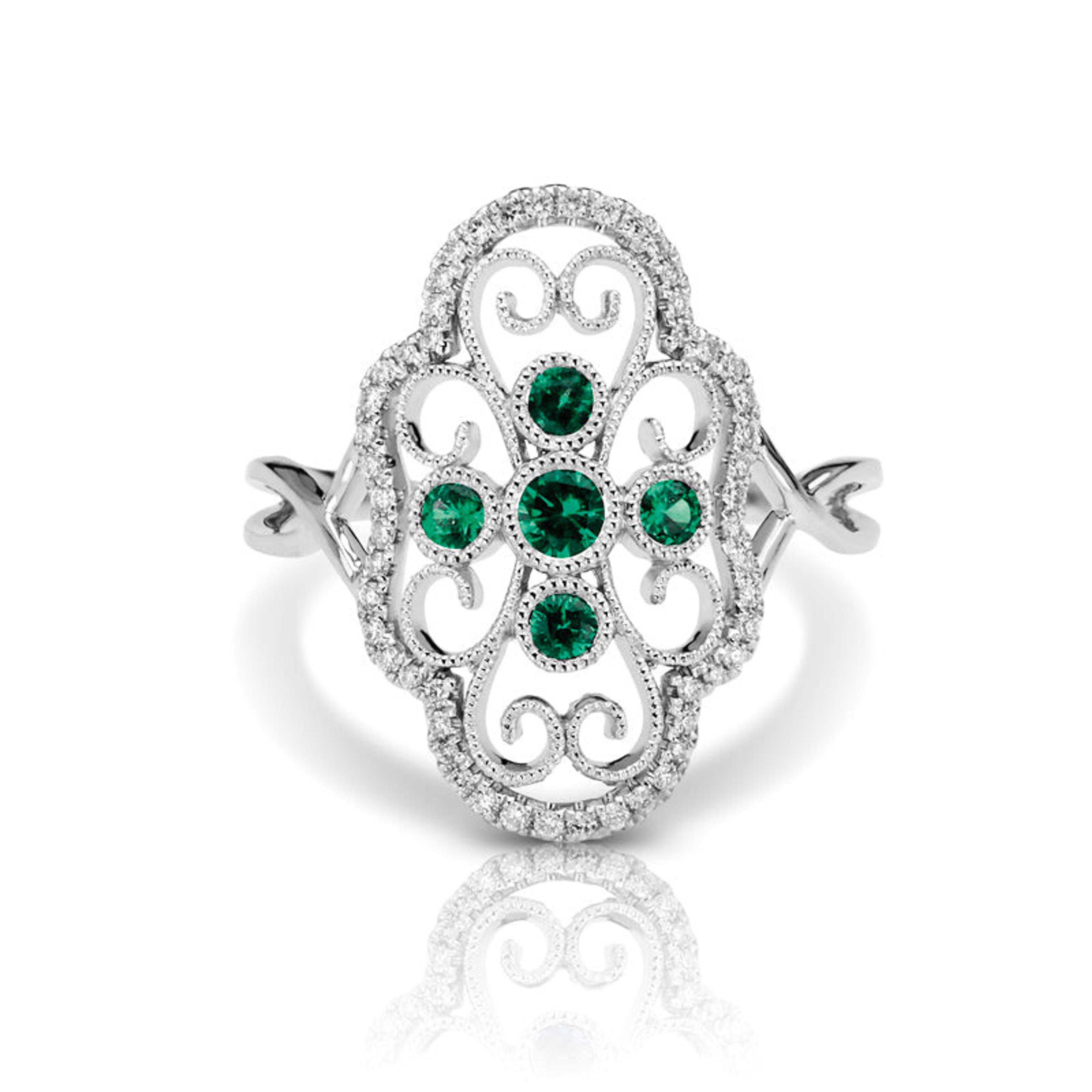 Vintage Inspired 0.20 ct. Natural Round Emerald Ring With 0.16 ct. Diamonds, Antique Style-VIRABYANI