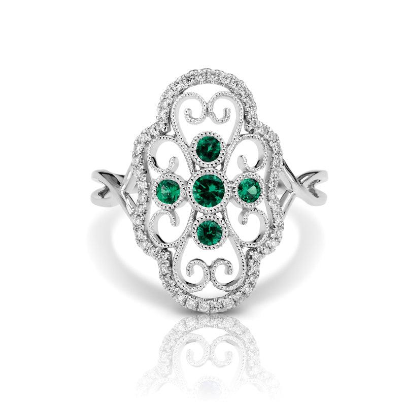 Vintage Inspired 0.20 ct. Natural Round Emerald Ring With 0.16 ct. Diamonds, Antique Style-VIRABYANI